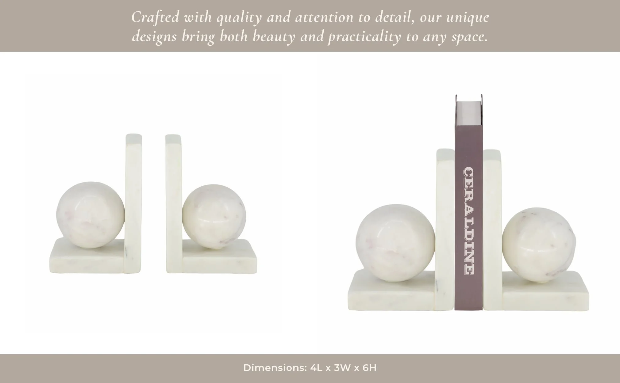 S/2 6" Marble Bookend With 3" Orb, White - Image 10