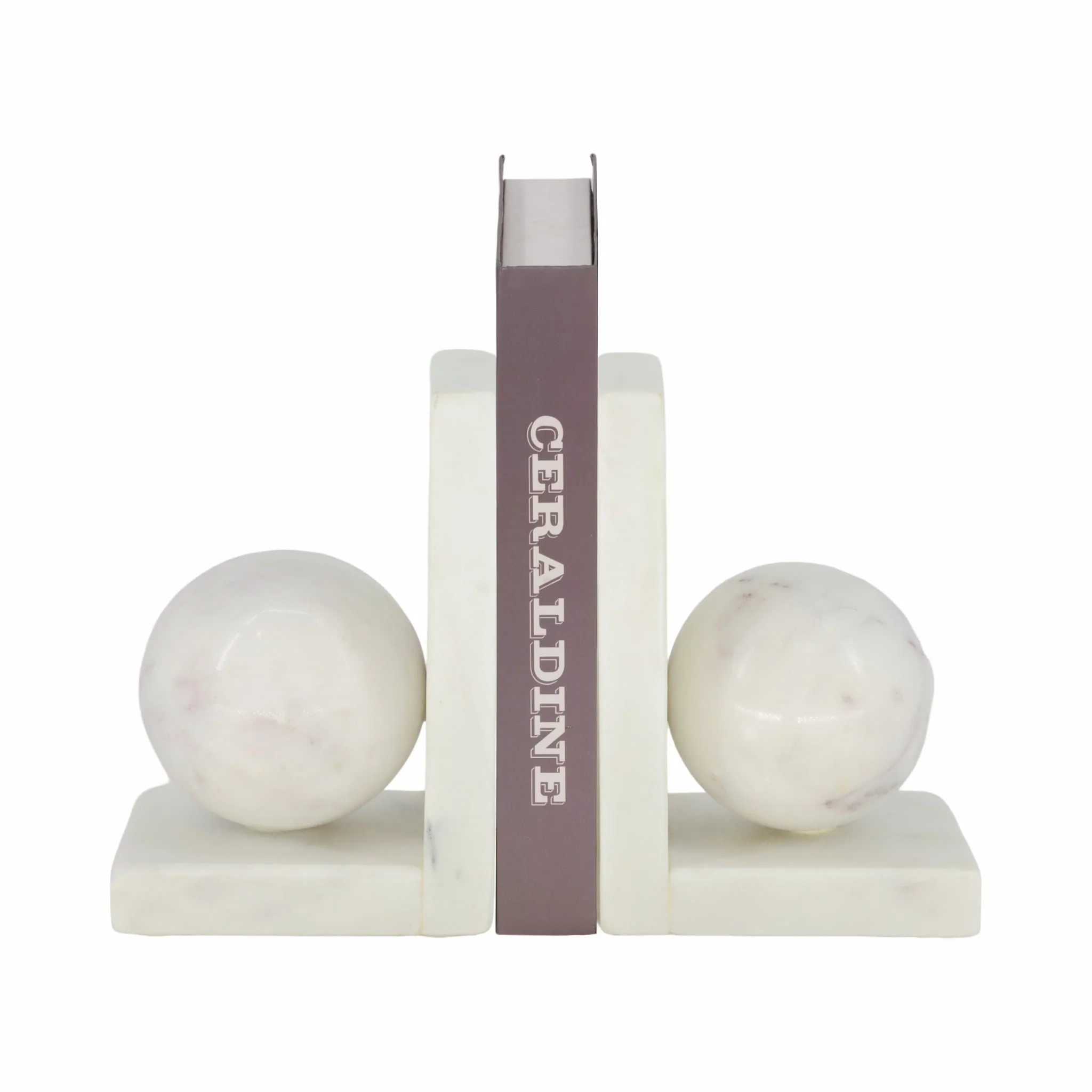 S/2 6" Marble Bookend With 3" Orb, White - Image 2