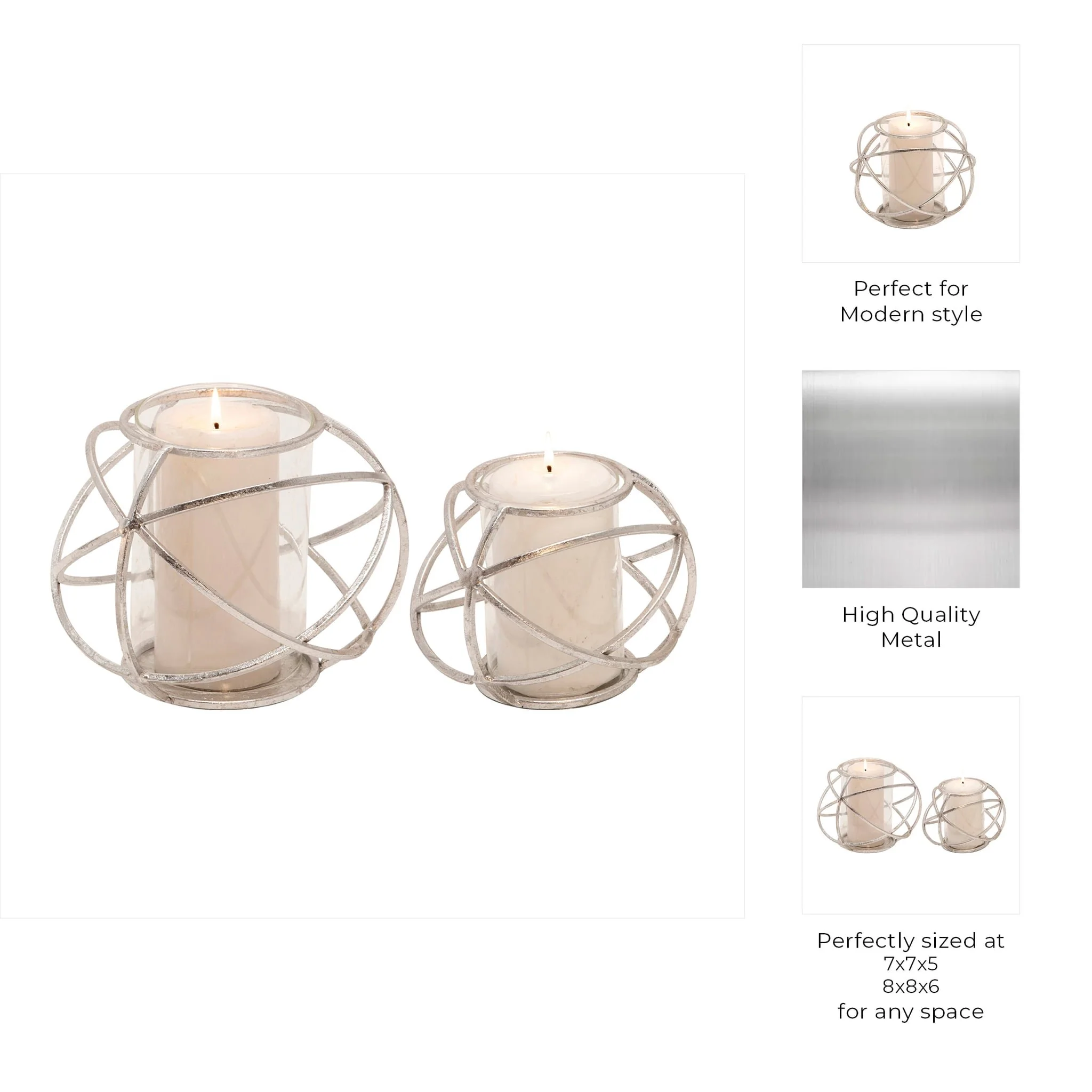 S/2 6" Orb Candle Holder , Silver - Image 9