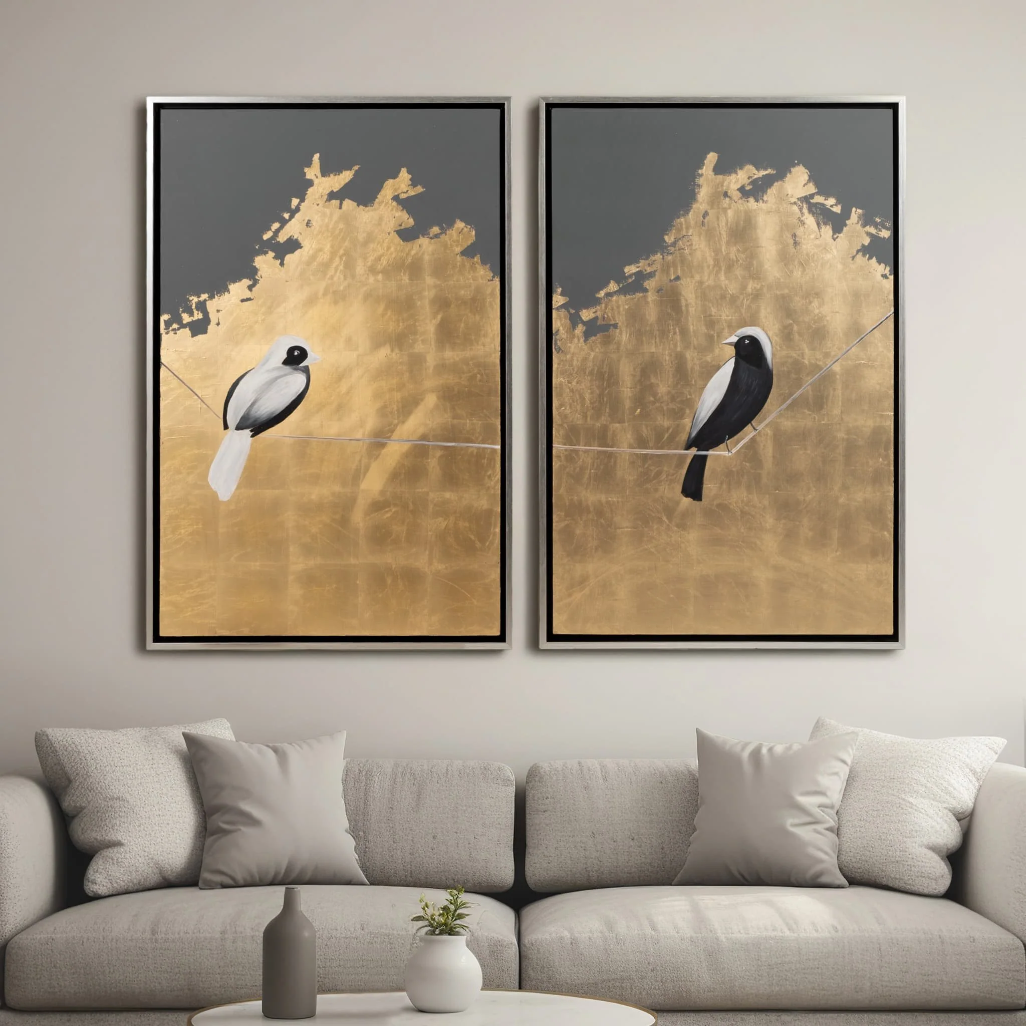 S/2 63x47 Hand Painted Birds On Wire, Gold - Image 10