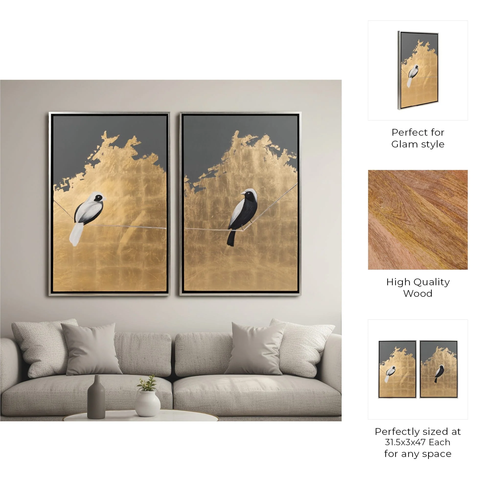 S/2 63x47 Hand Painted Birds On Wire, Gold - Image 9