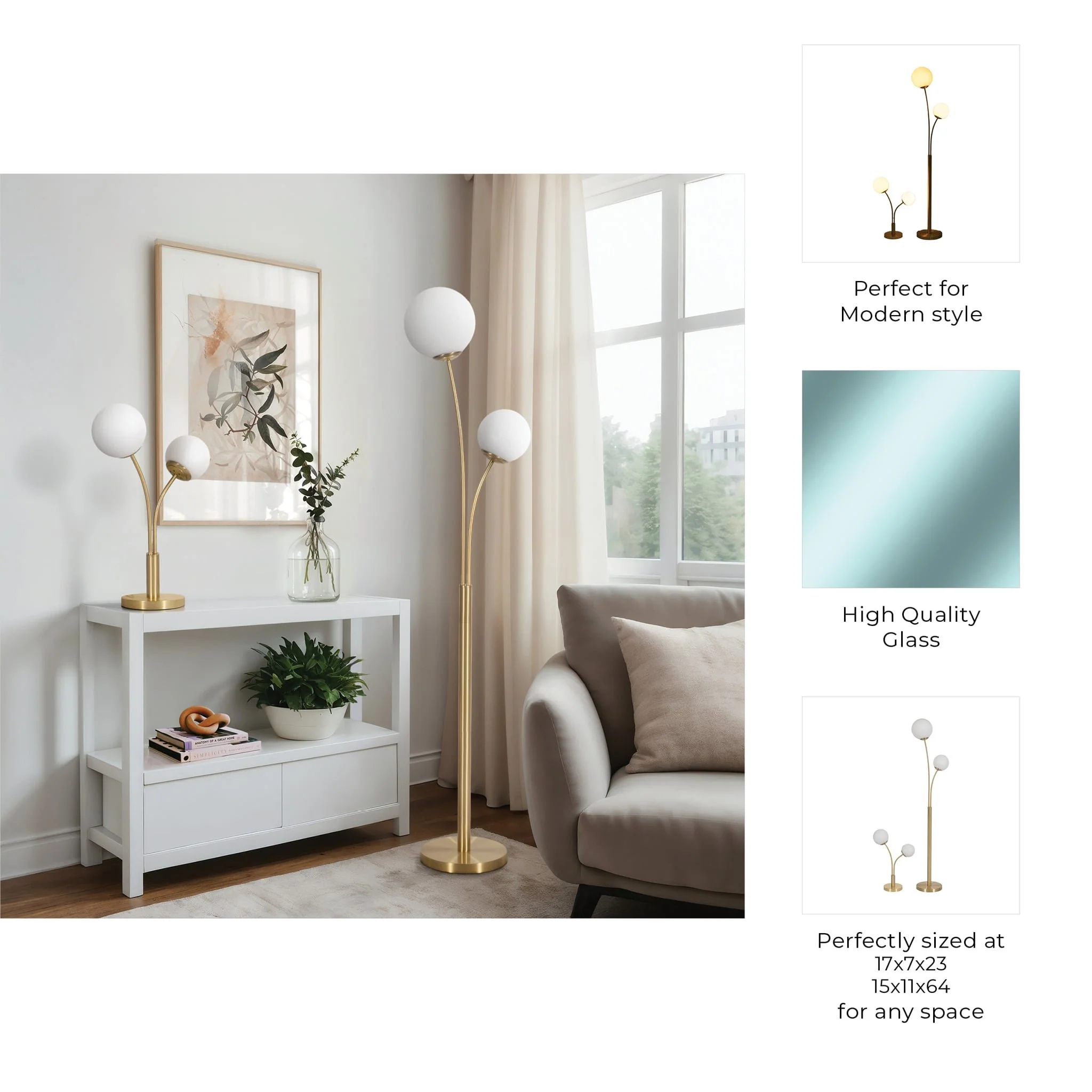 S/2 64/23" Metal Double Globe Table&floor Lamp,gld - Image 7