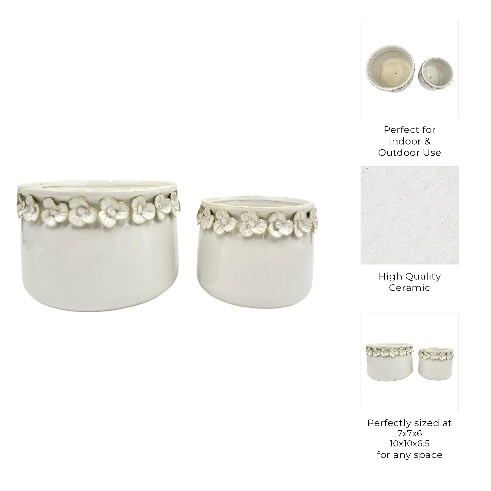 S/2 7/10" Floral Applique Planter,  Ivory - Image 10