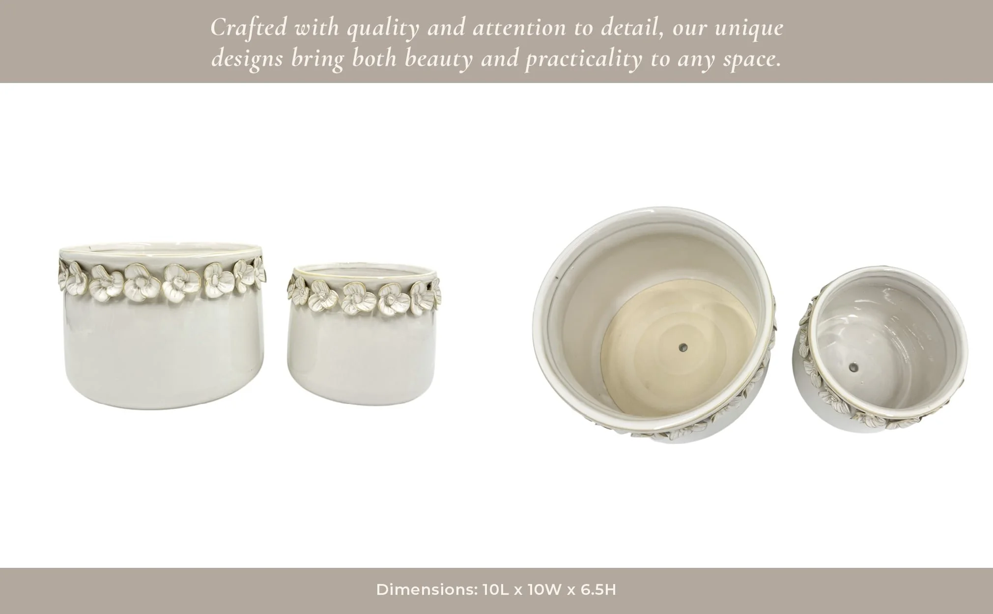 S/2 7/10" Floral Applique Planter,  Ivory - Image 12