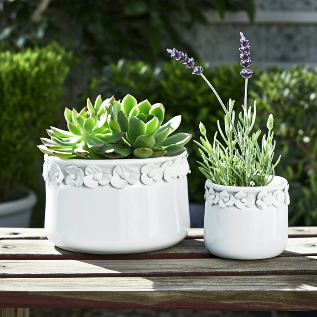S/2 7/10" Floral Applique Planter, White - Image 10