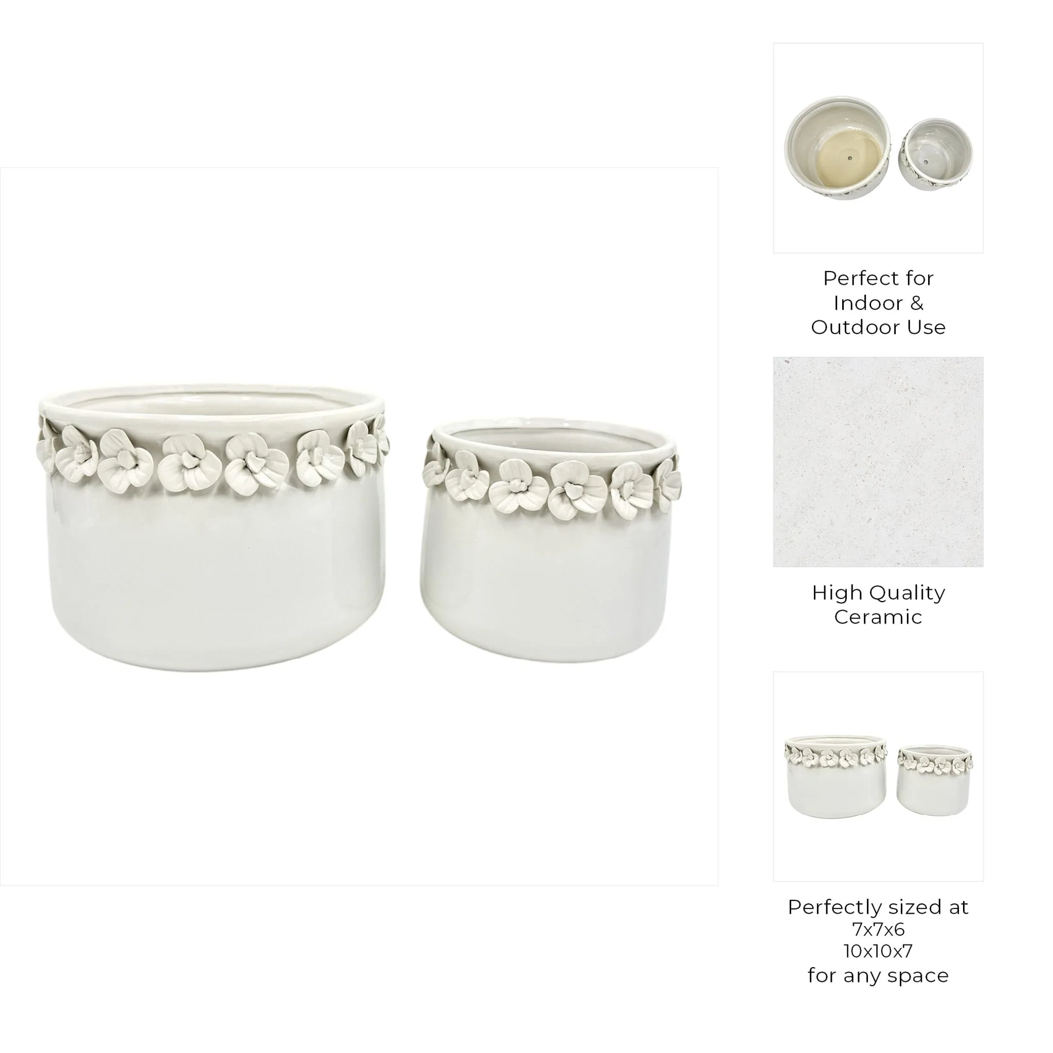 S/2 7/10" Floral Applique Planter, White - Image 9