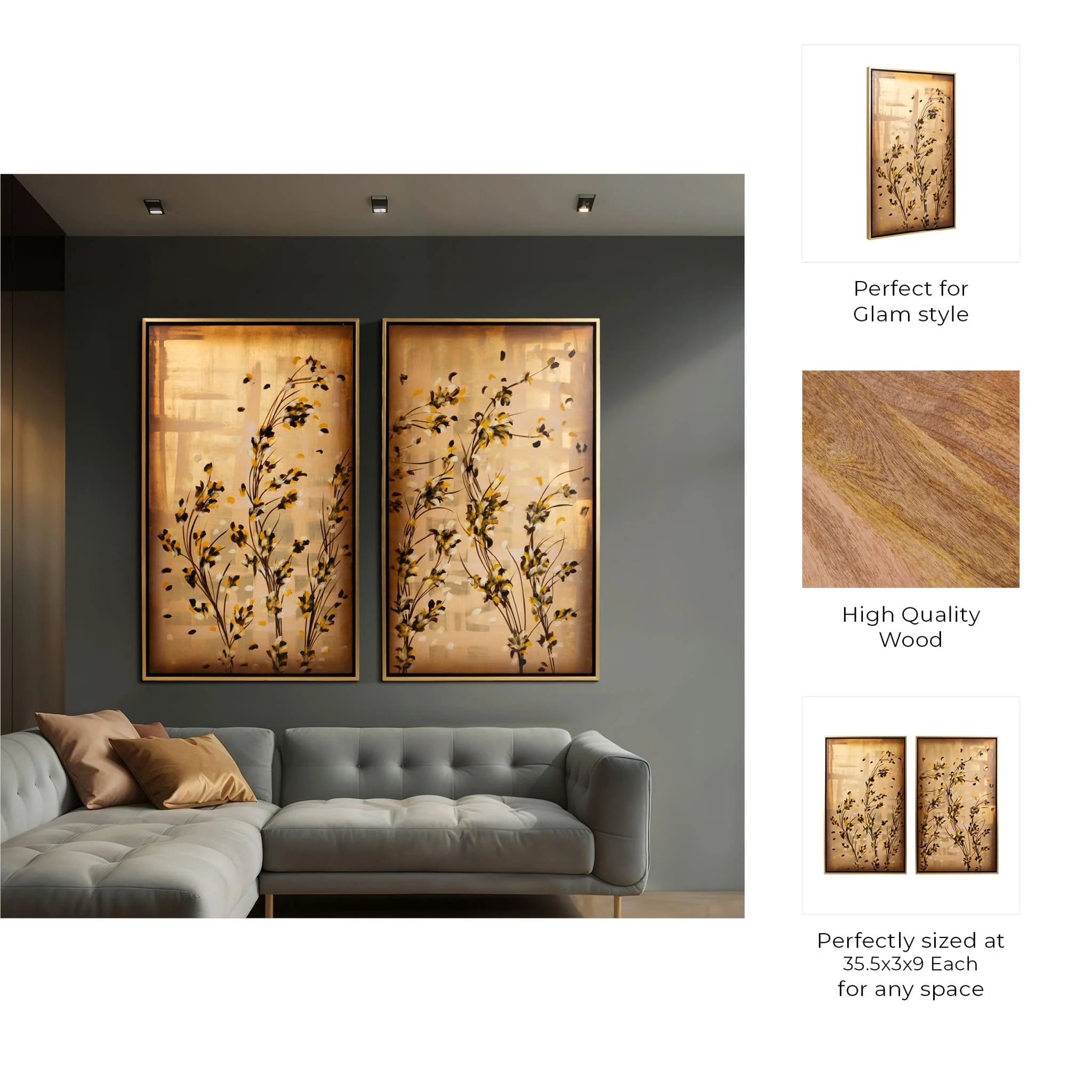 S/2 71x59 Hand Painted Wildflowers, Gold - Image 8