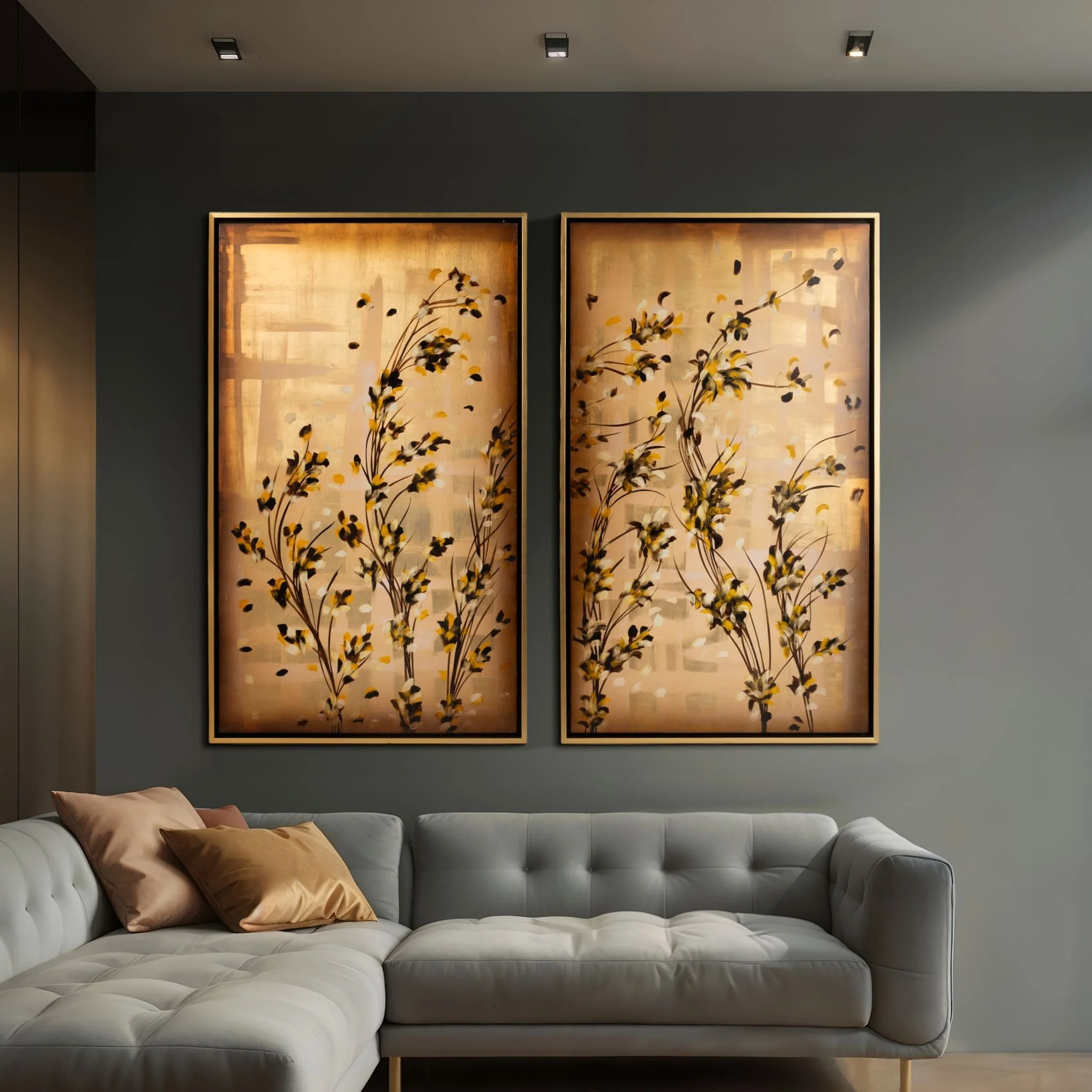 S/2 71x59 Hand Painted Wildflowers, Gold - Image 9