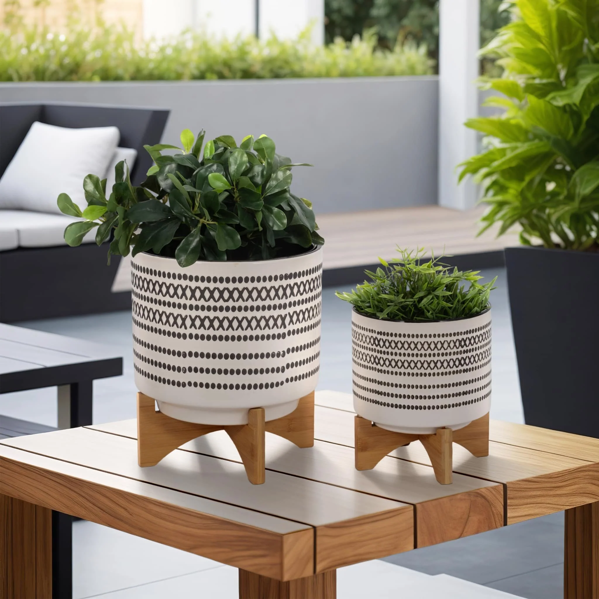 S/2 8/10" Aztec Planter W/ Wood Stand, Gray - Image 10