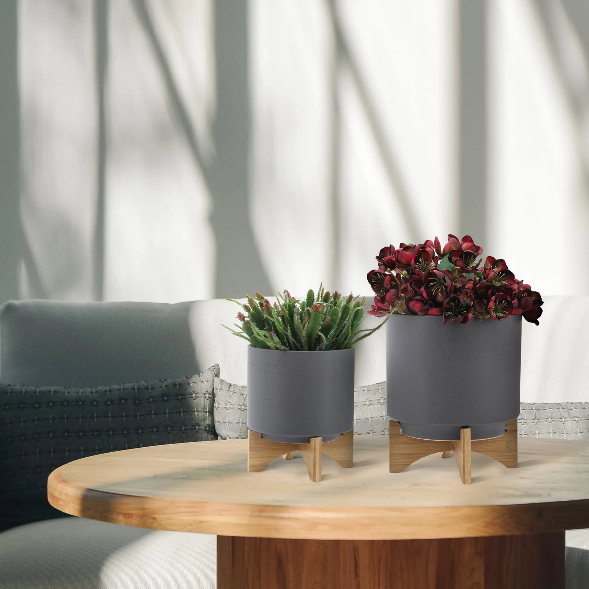 S/2 8/10" Planter W/ Wood Stand, Matte Gray - Image 10