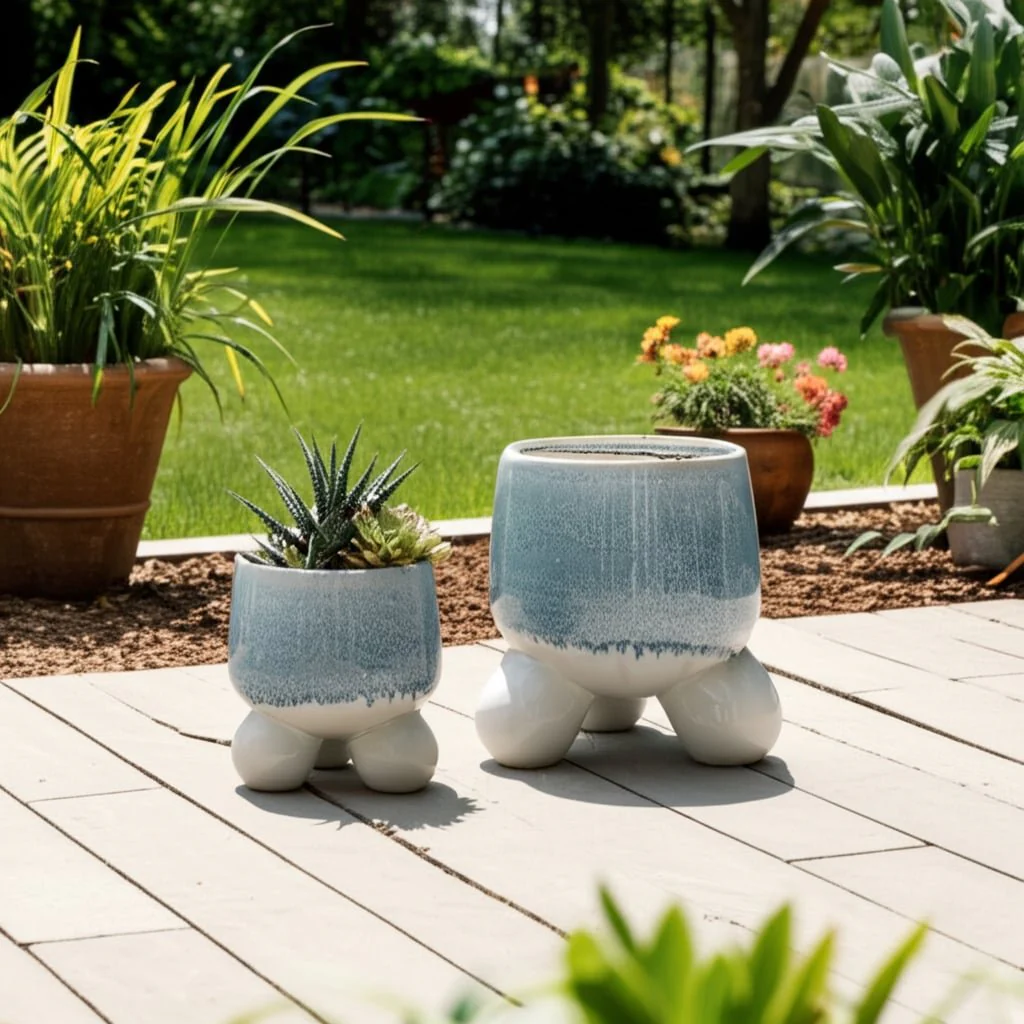 S/2 8/11" Knobby Footed Planters, Blue/white - Image 6