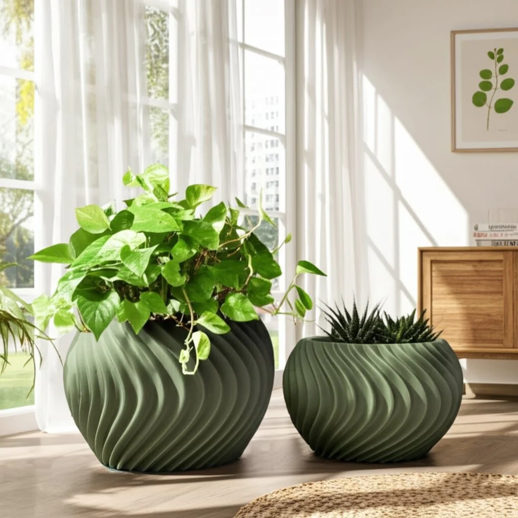 S/2 8/12" Curvy Lines Rounded Planter, Sage Green - Image 10