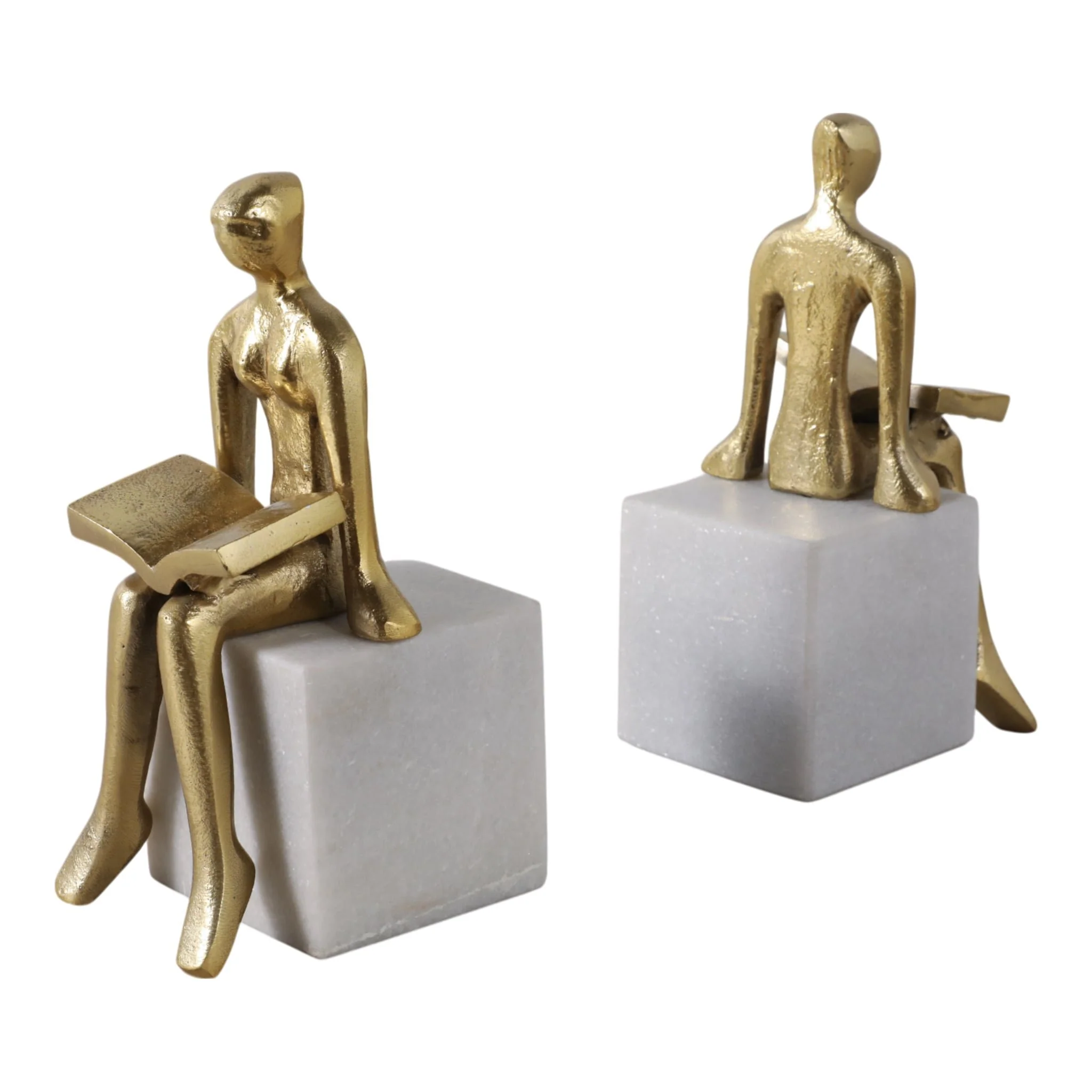 S/2 8" Reading On Marble Stand Bookends, Gold/whit - Image 3
