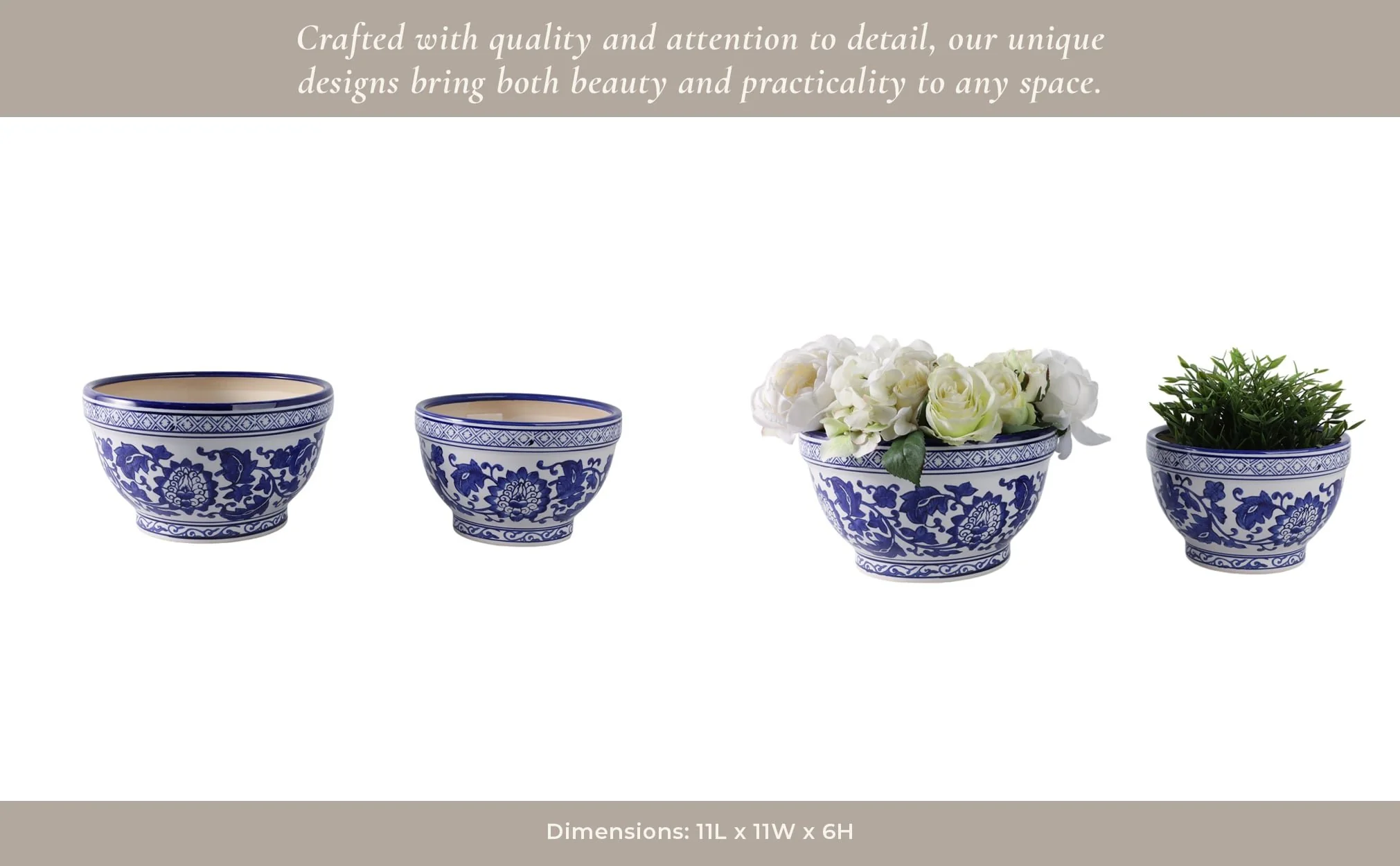 S/2 9/11" Bowl Chinoiserie Planters, Blue/wht - Image 10