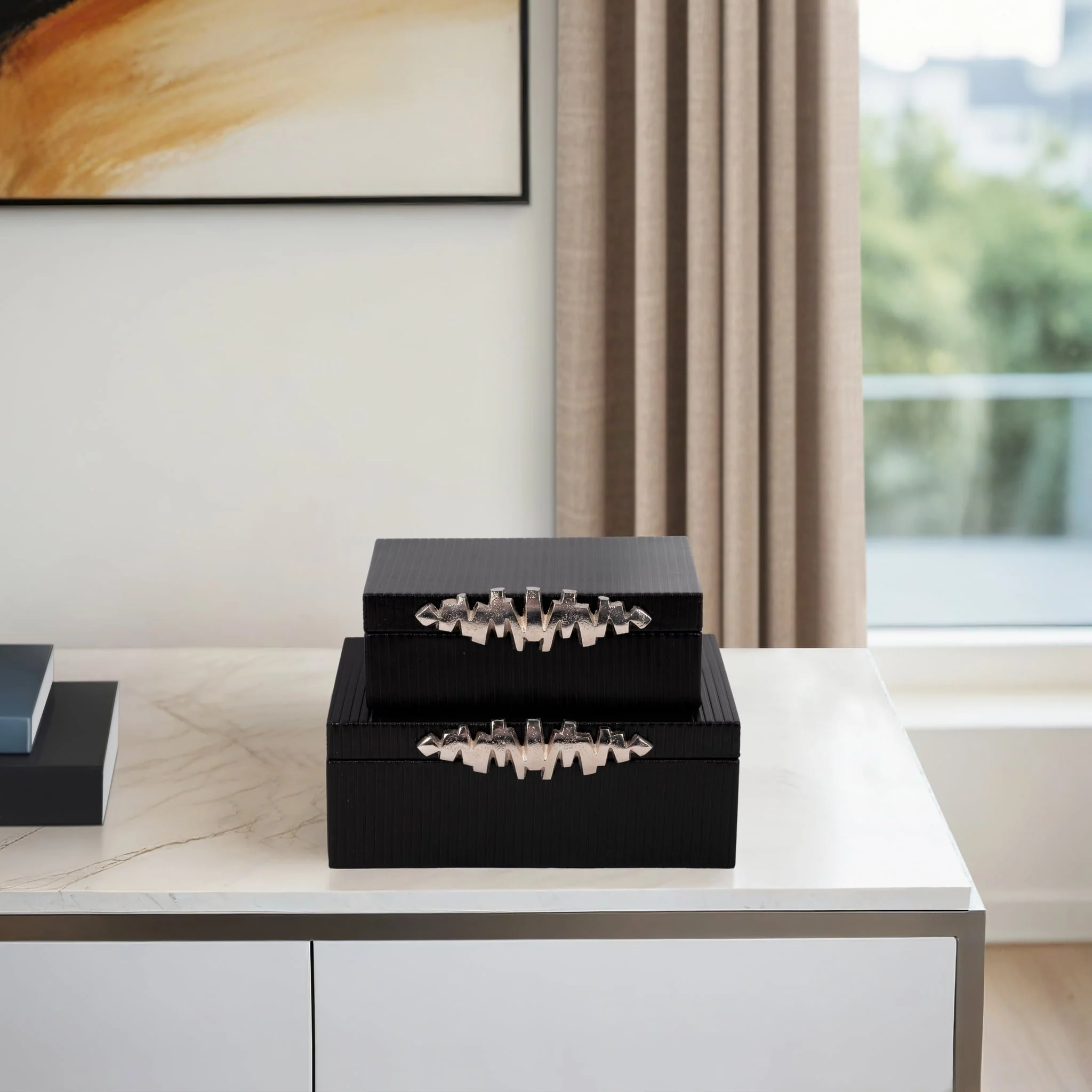 S/2 9/11" Boxes With Lines & Silver Handle, Black - Image 10