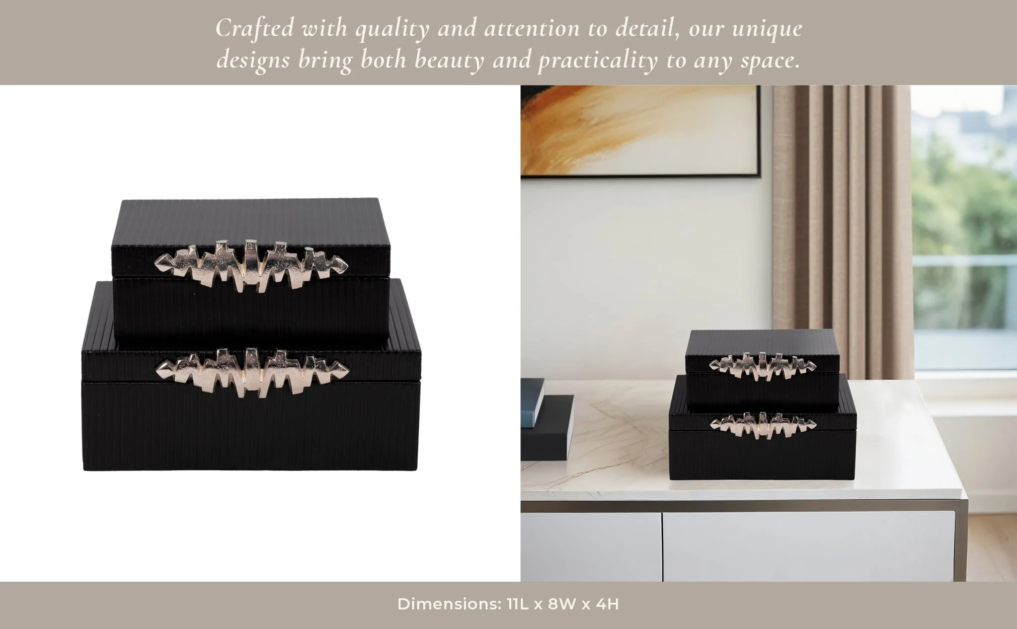 S/2 9/11" Boxes With Lines & Silver Handle, Black - Image 11
