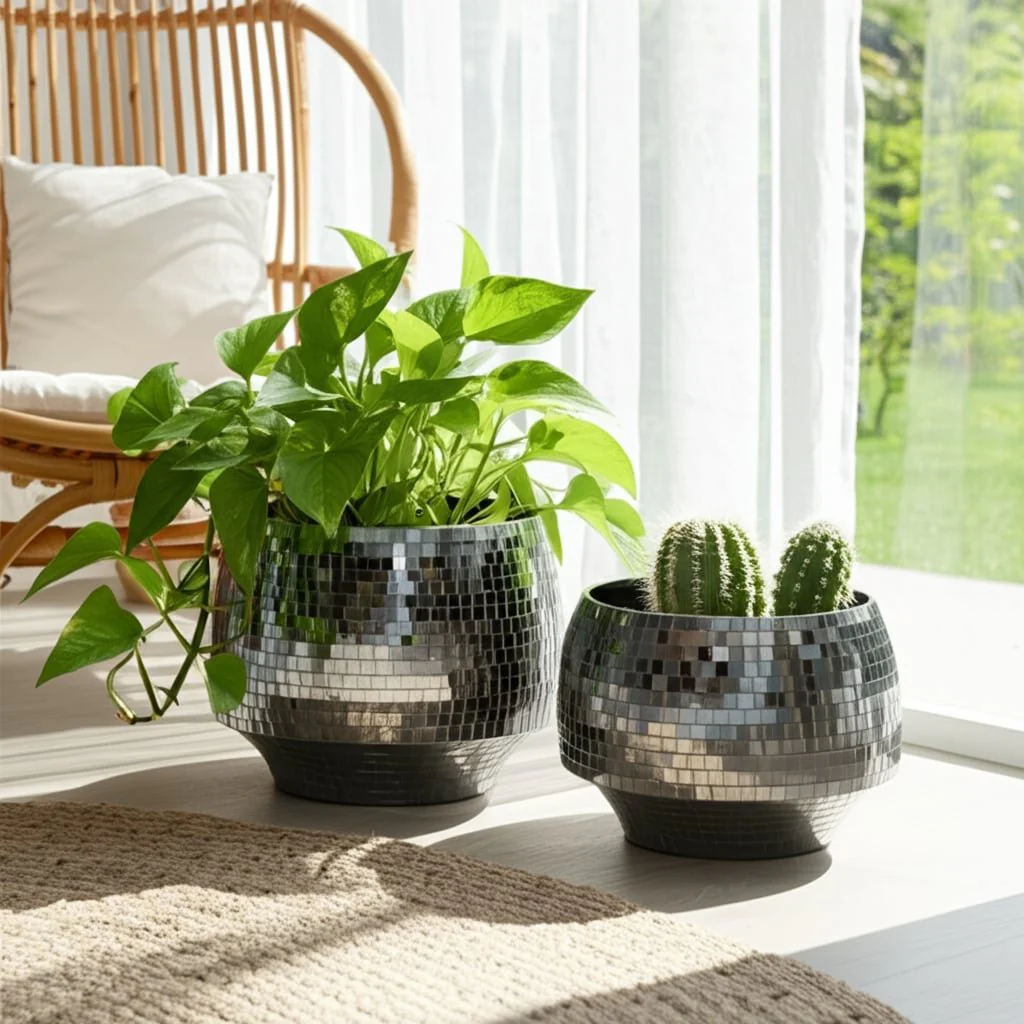S/2 9/11" Curved Disco Mosaic Planter, Black - Image 7