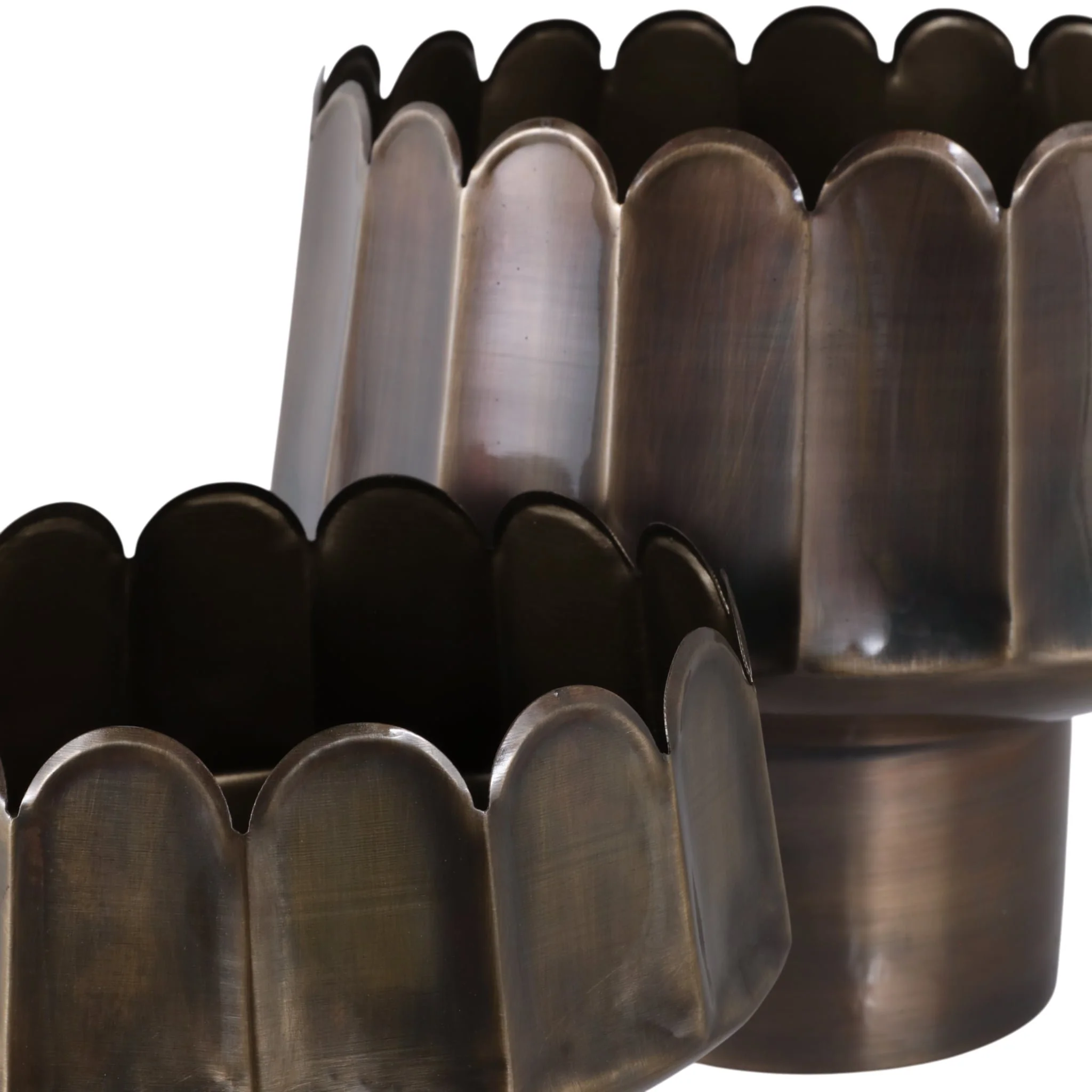 S/2 9/12" Scalloped Pedestal Planter, Antique Bras - Image 5