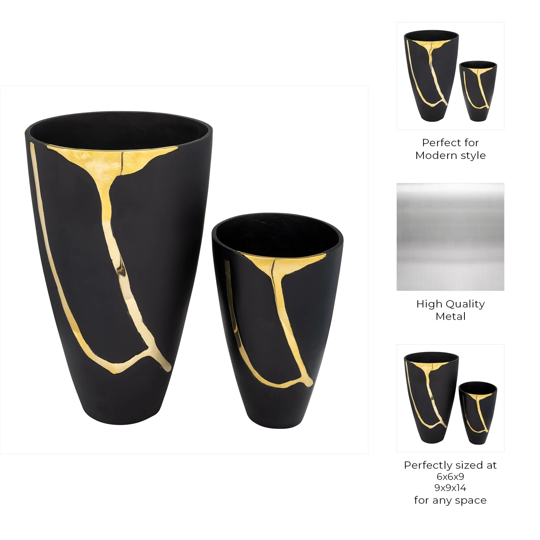 S/2 9/14", Metal  Cracked Design  Vases, Brass/cha - Image 10