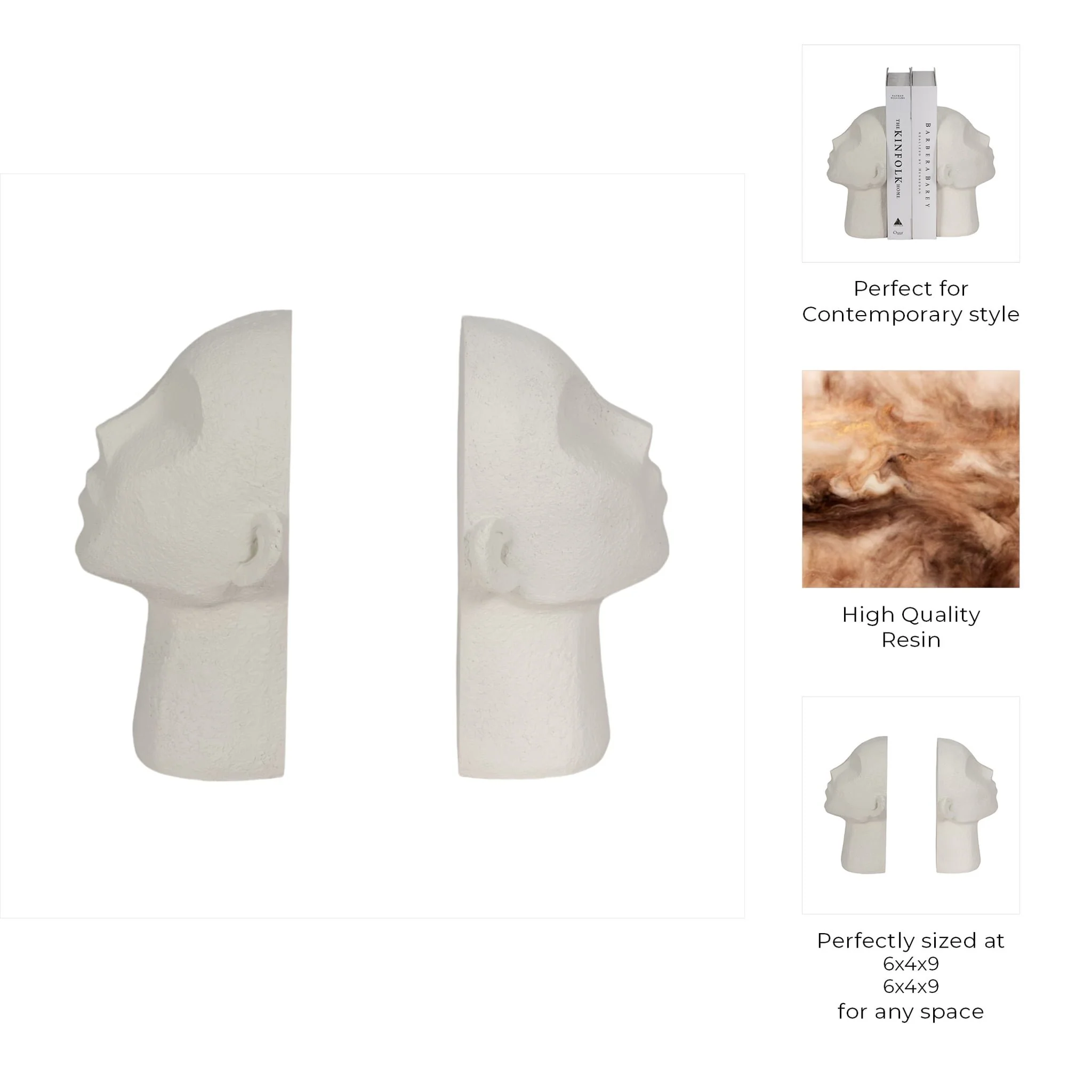 S/2 9" Textured Head Up Bookends, White - Image 8