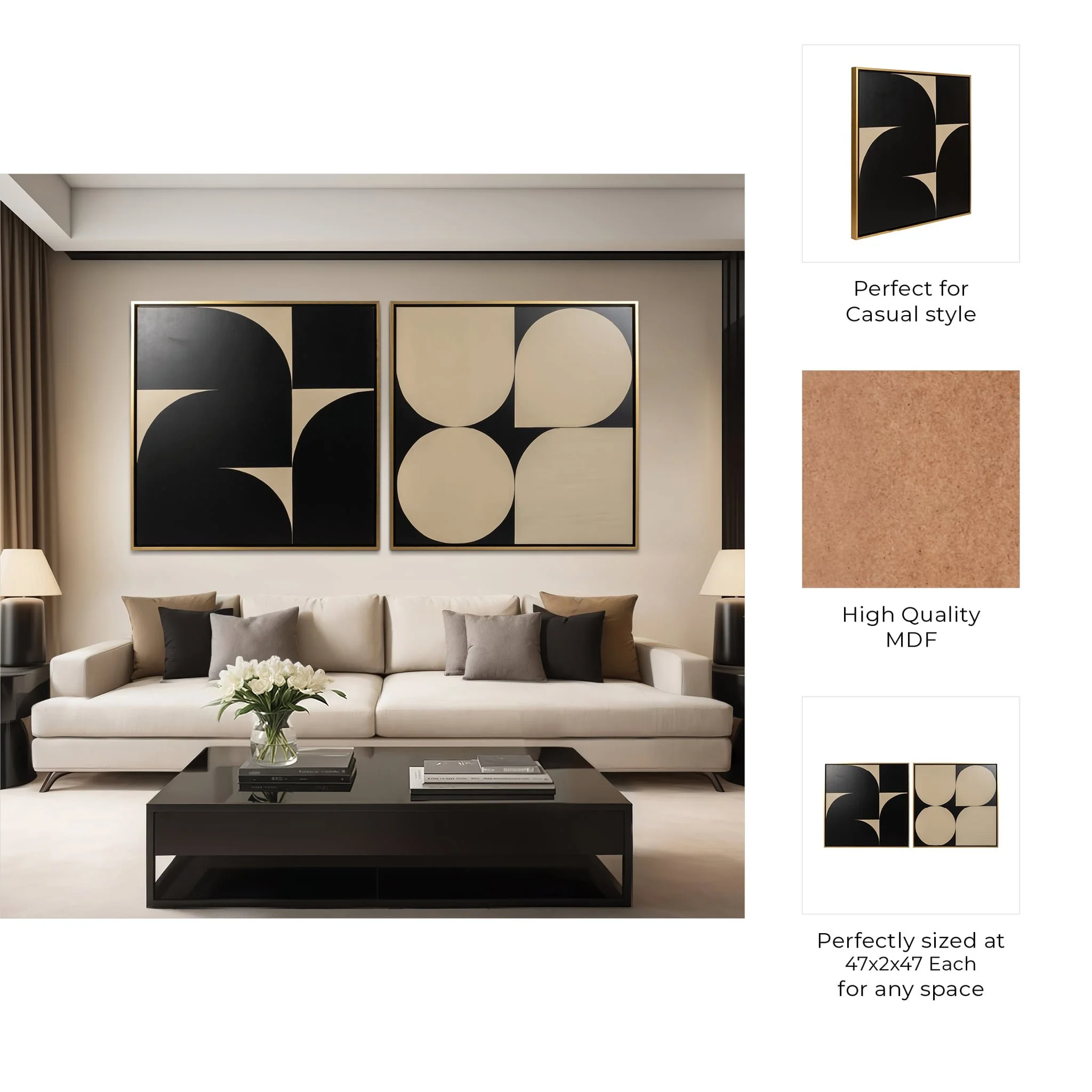 S/2 95x47 Hand Painted Modern Geos, Tan/black - Image 8