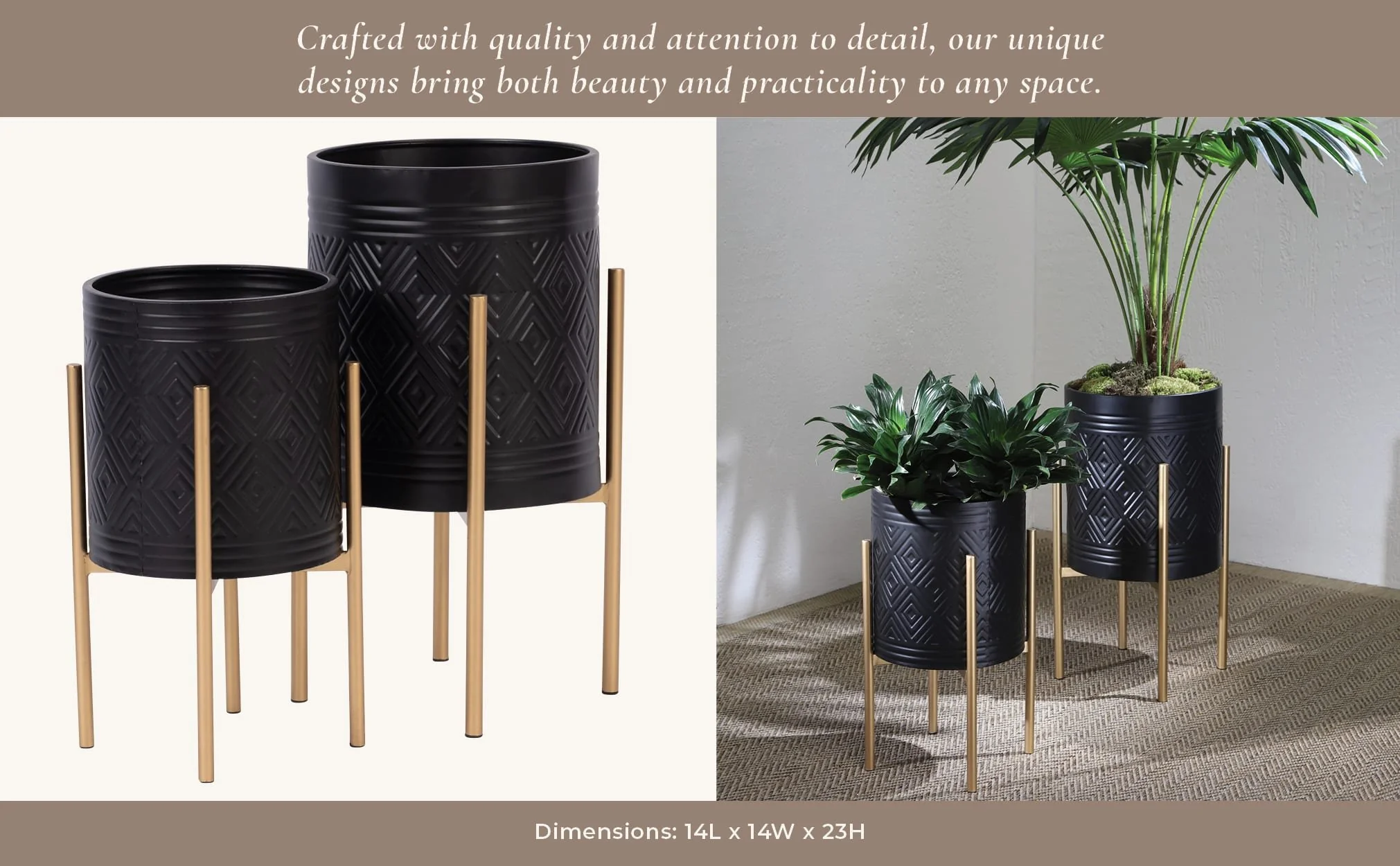 S/2 Aztec Planter On Metal Stand, Black/gold - Image 11