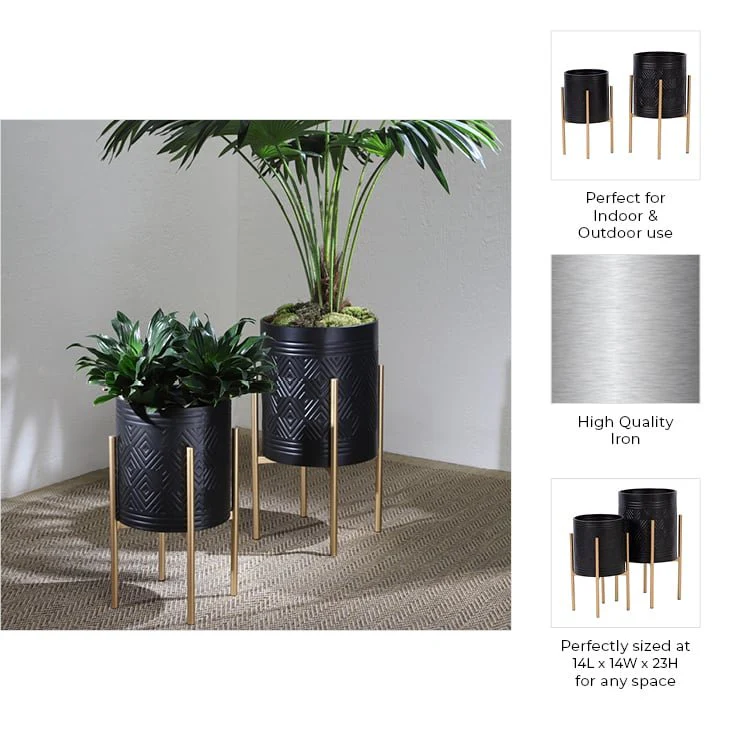 S/2 Aztec Planter On Metal Stand, Black/gold - Image 5