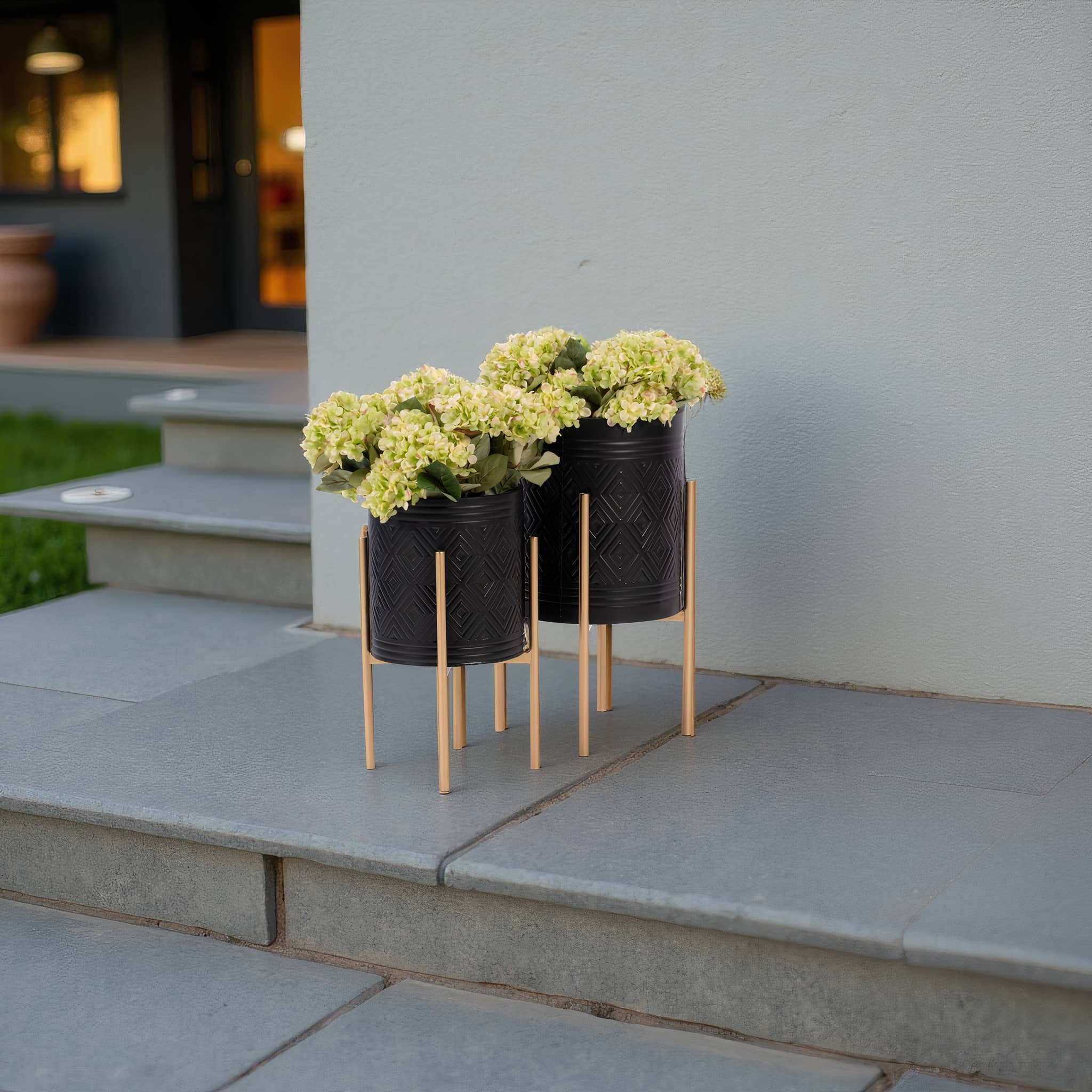 S/2 Aztec Planter On Metal Stand, Black/gold - Image 7