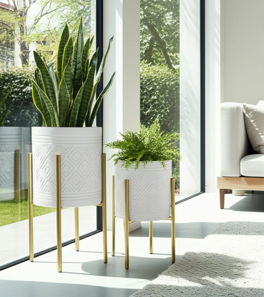 S/2 Aztec Planter On Metal Stand, White/gold - Image 11