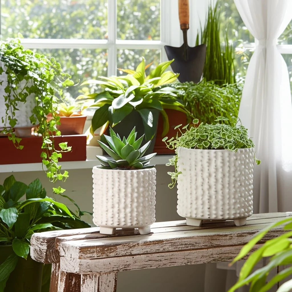 S/2 Ceramic 6/8" Footed Planters W/ Dots, White - Image 7