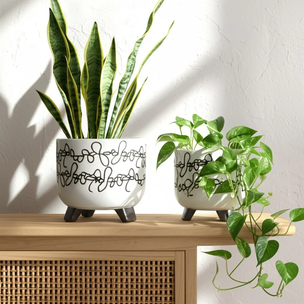 S/2 Ceramic 6/8" Scribble Footed Planter, Beige - Image 11