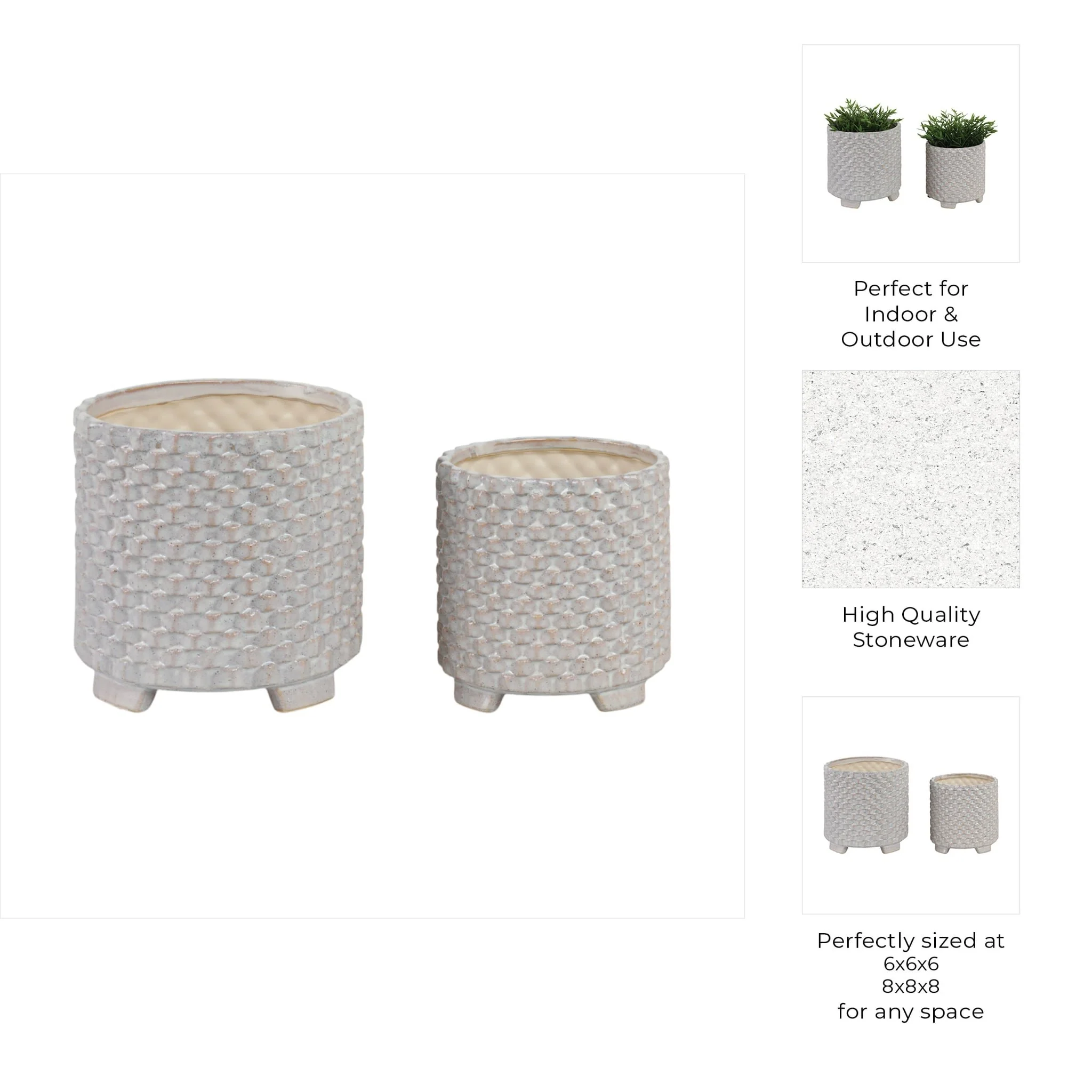 S/2 Ceramic 6/8" Textured Footed Planter, White - Image 10