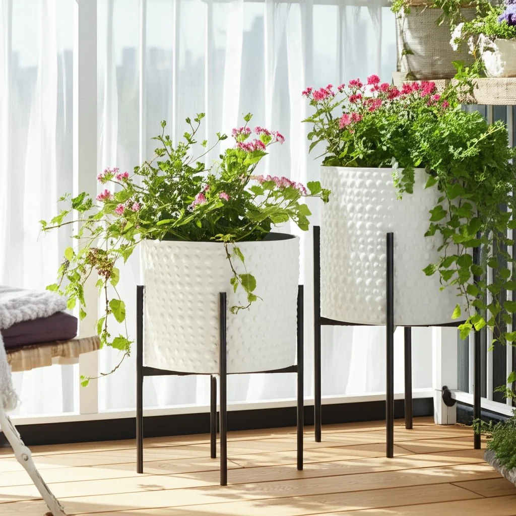 S/2 Dotted Planters In Metal Stand, White - Image 10