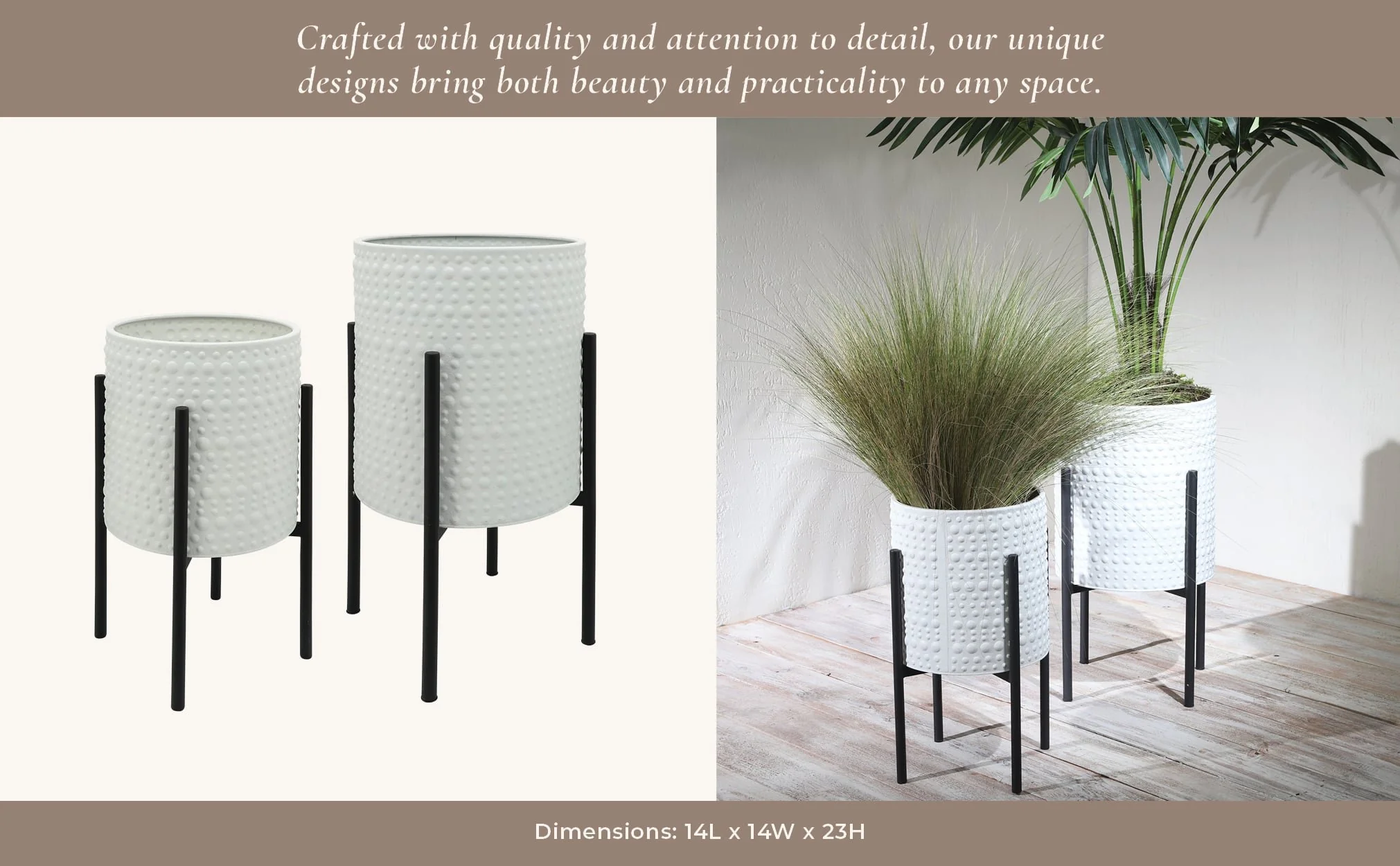 S/2 Dotted Planters In Metal Stand, White - Image 11