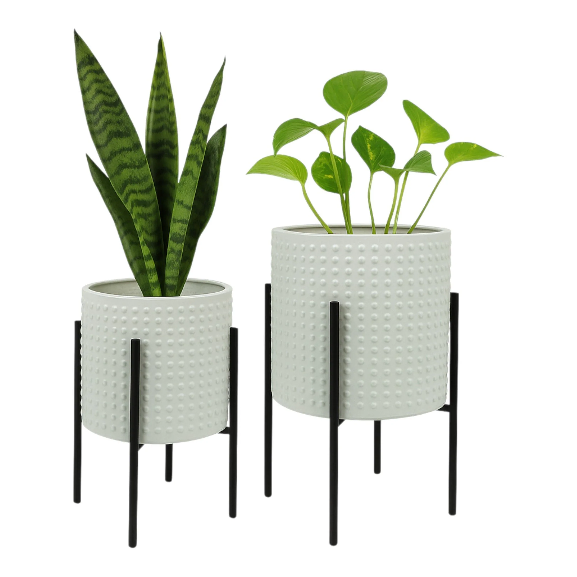 S/2 Dotted Planters In Metal Stand, White - Image 2