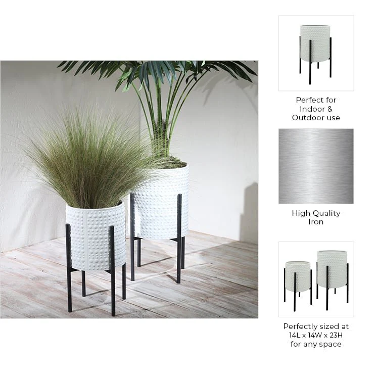 S/2 Dotted Planters In Metal Stand, White - Image 6