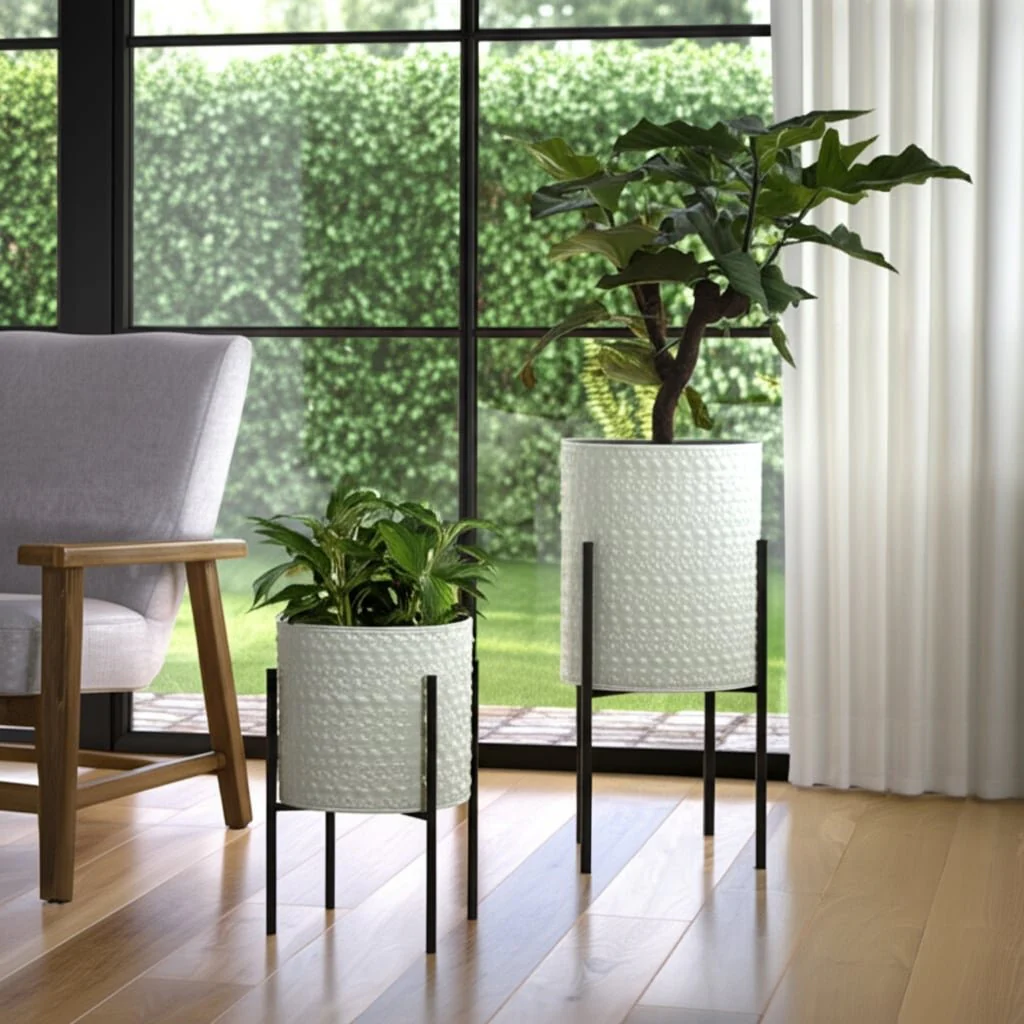 S/2 Dotted Planters In Metal Stand, White - Image 9