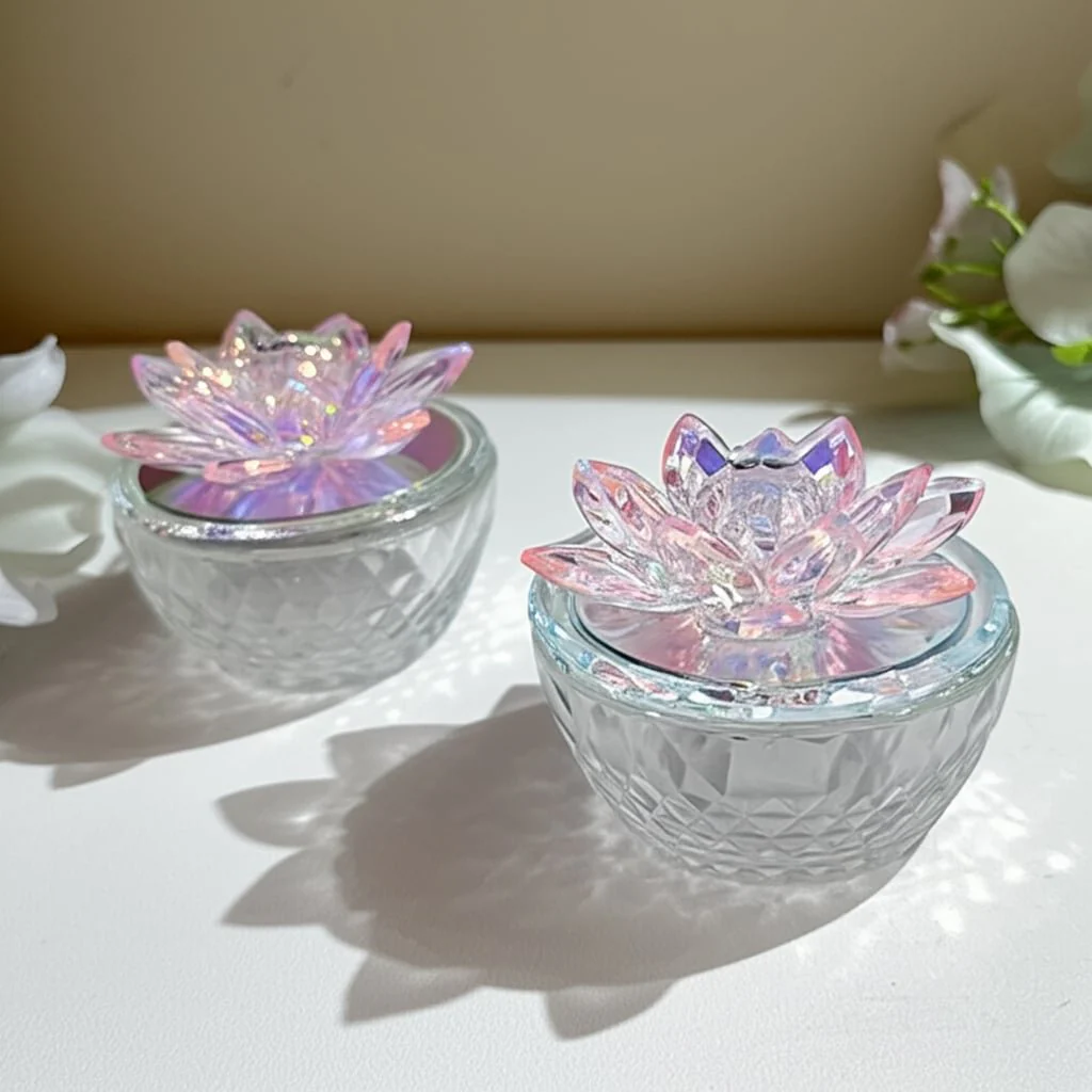 S/2 Glass Trinket Box Clear W/blush Lotus Top - Image 9