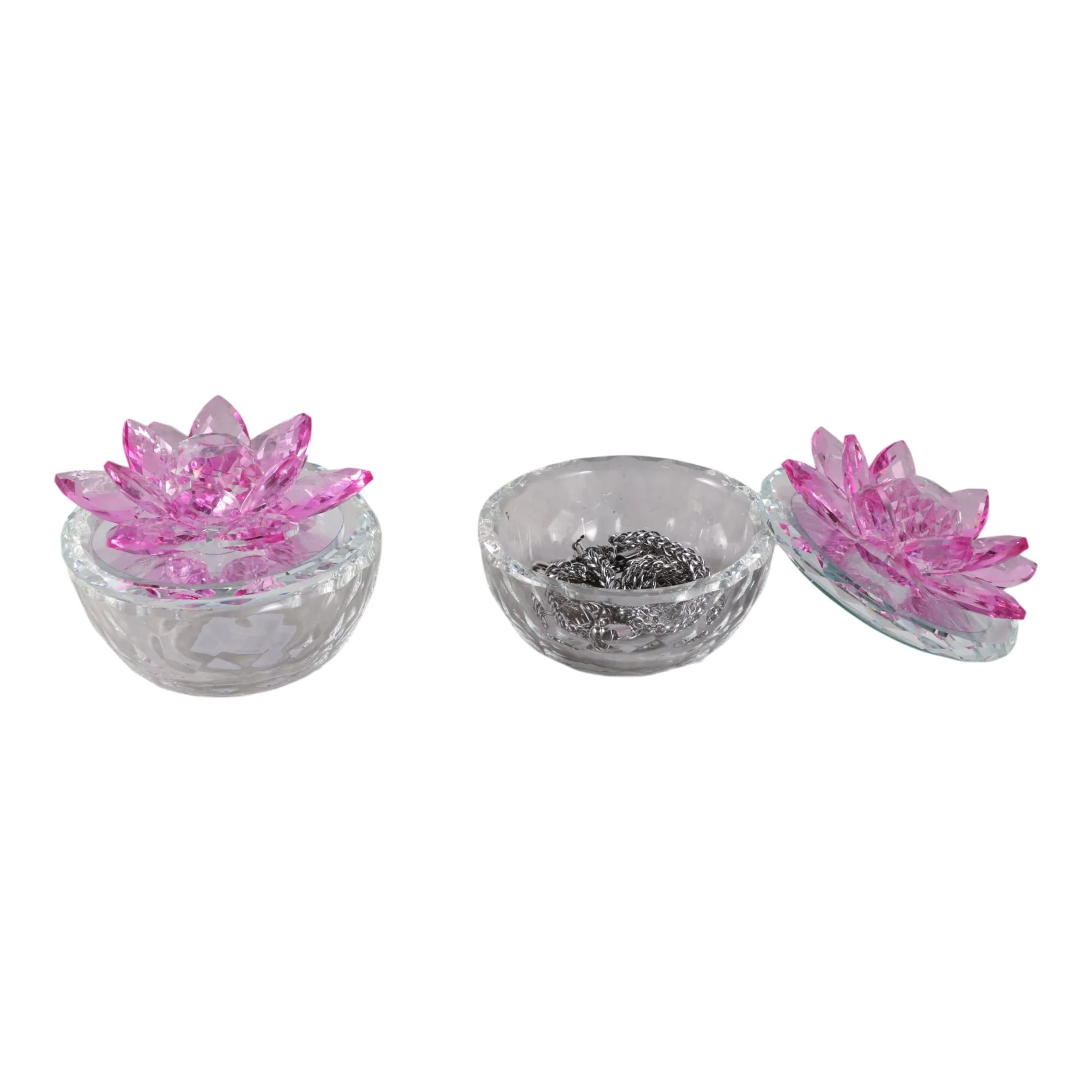 S/2 Glass Trinket Box Clear W/fushia Lotus Top - Image 2