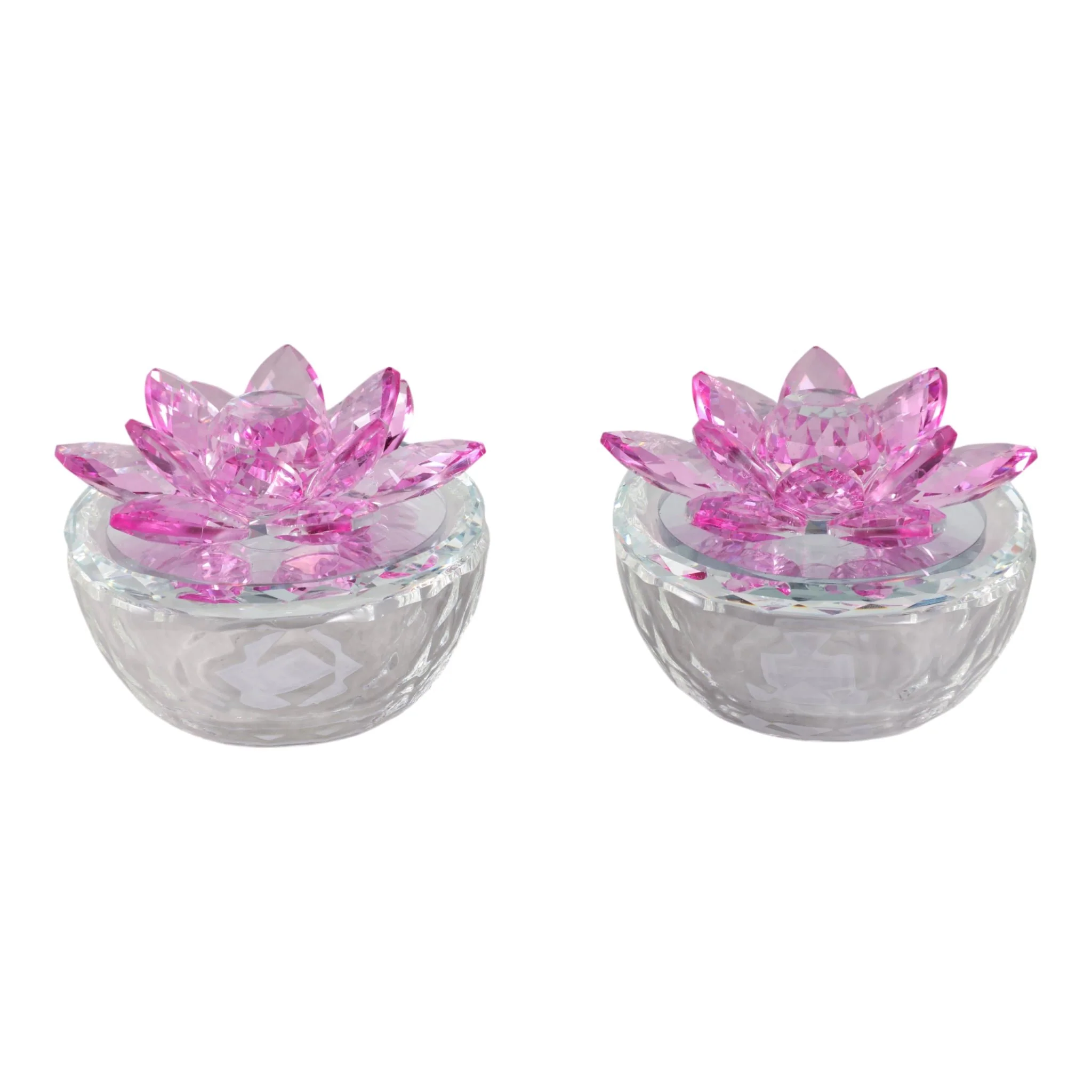 S/2 Glass Trinket Box Clear W/fushia Lotus Top - Image 3