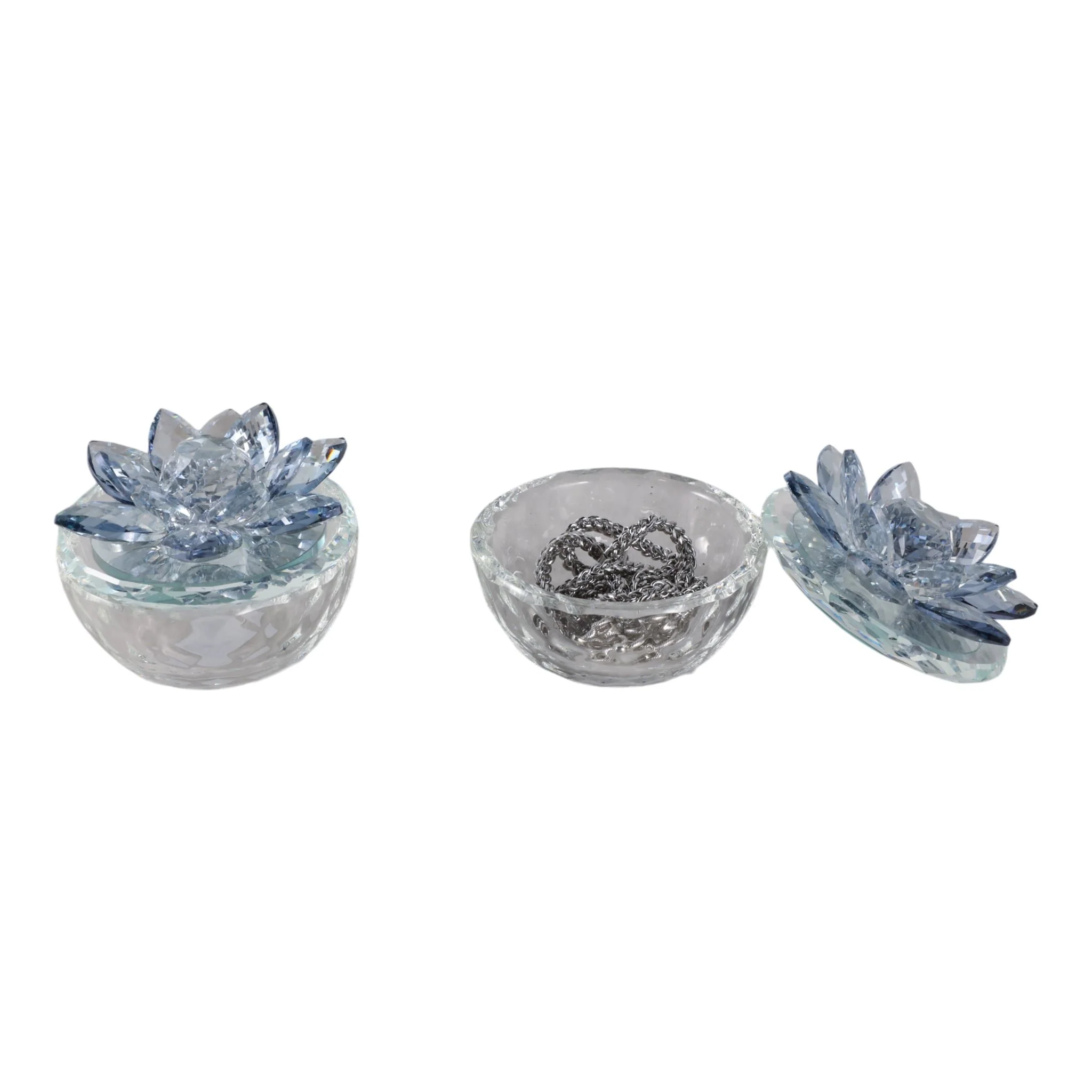 S/2 Glass Trinket Box Clear W/lt Blue Lotus Top - Image 2
