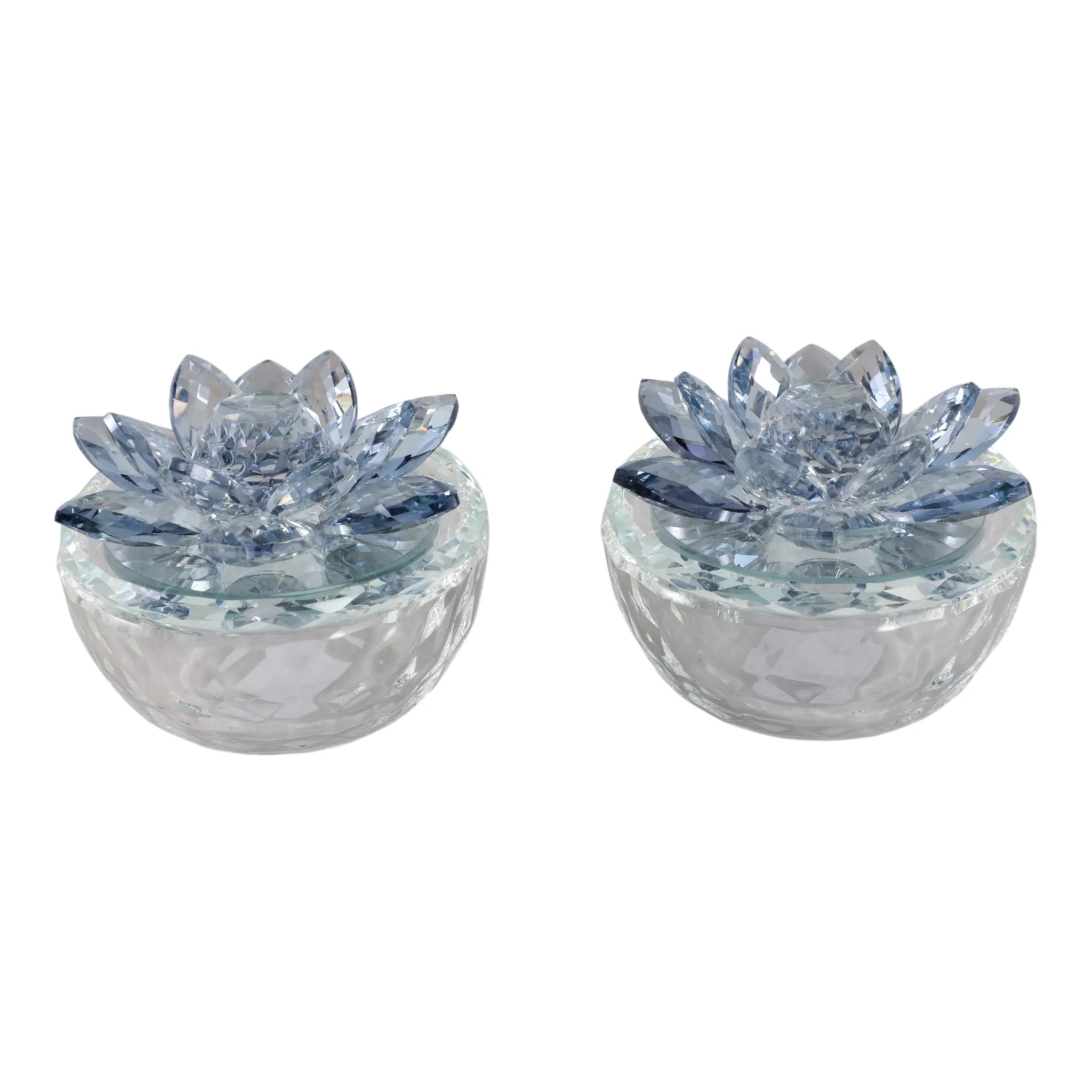 S/2 Glass Trinket Box Clear W/lt Blue Lotus Top - Image 5