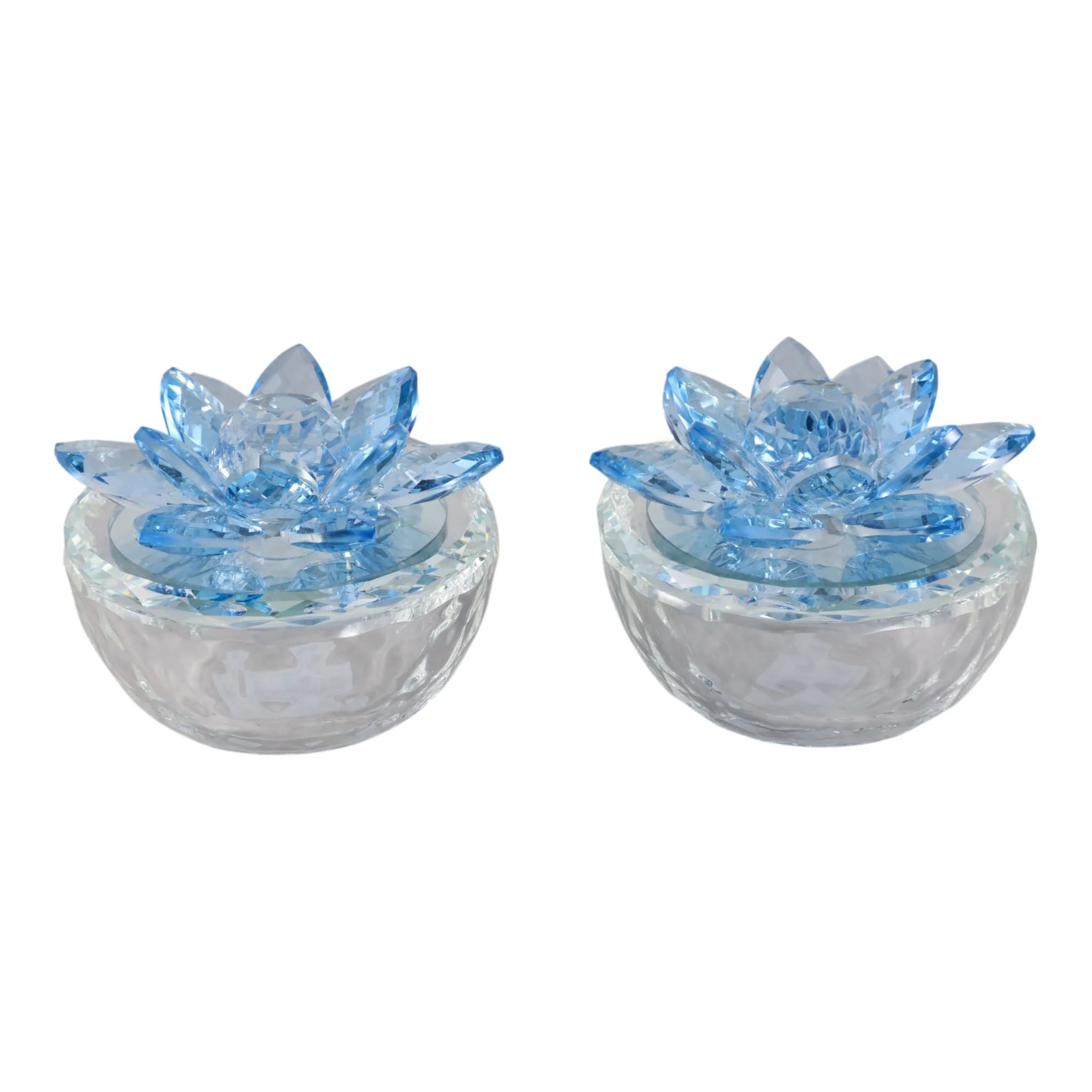 S/2 Glass Trinket Box Clear W/royal Blue Lotus Top - Image 3
