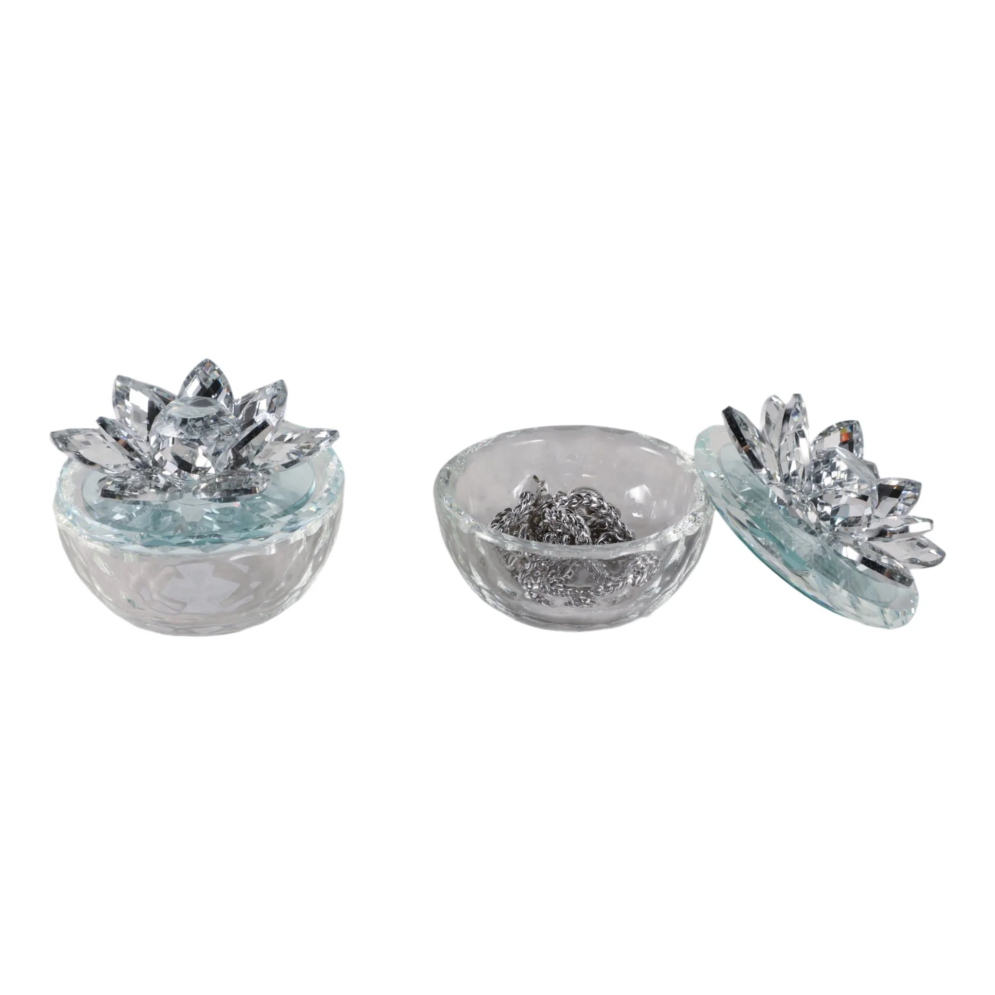 S/2 Glass Trinket Box Clear W/silver Lotus Top - Image 2