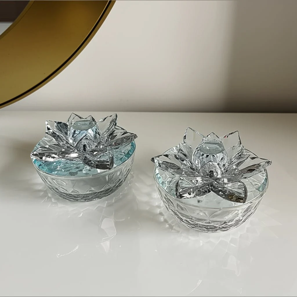 S/2 Glass Trinket Box Clear W/silver Lotus Top - Image 9