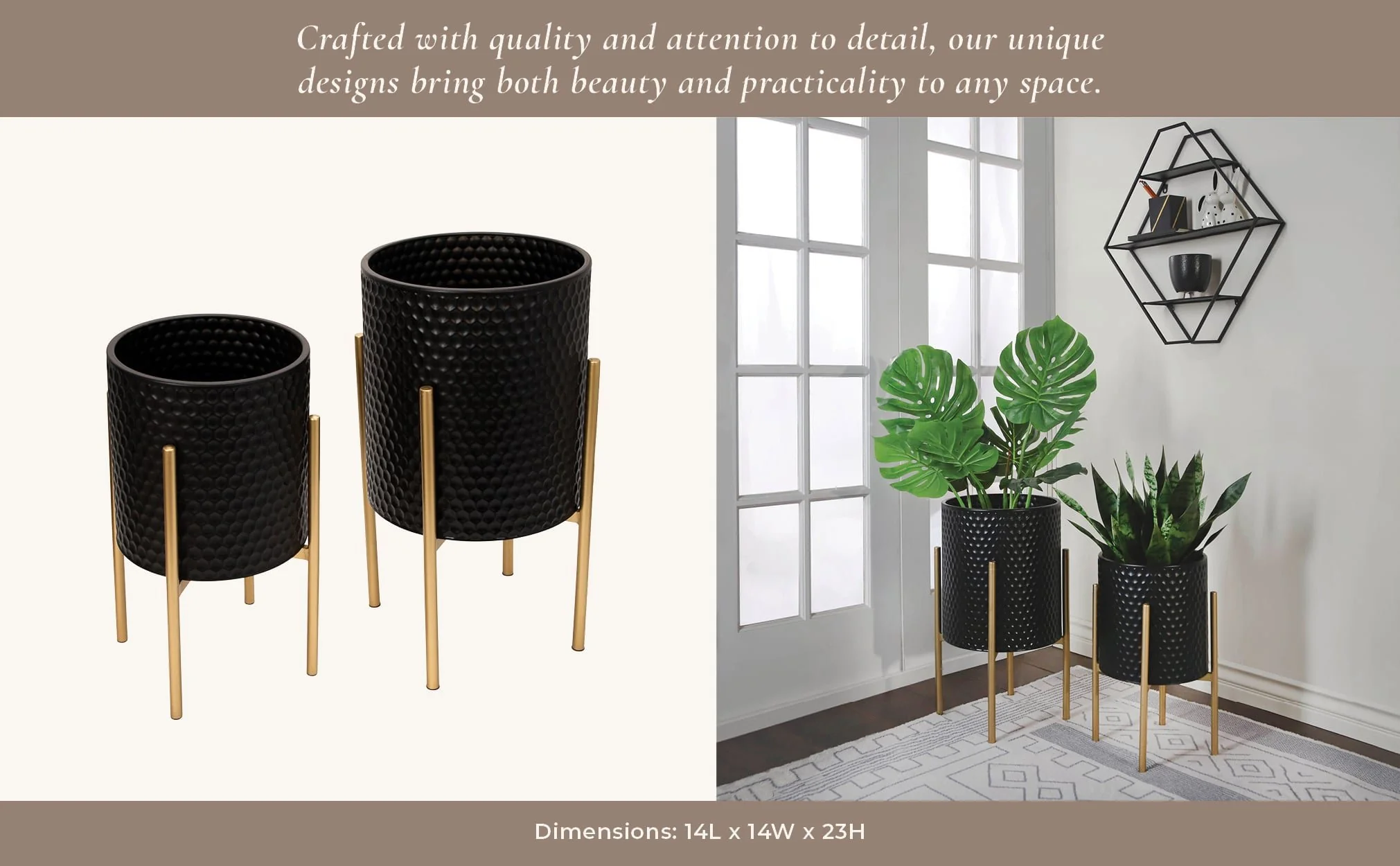 S/2 Honeycomb Planter On Metalstand, Black/gld - Image 10