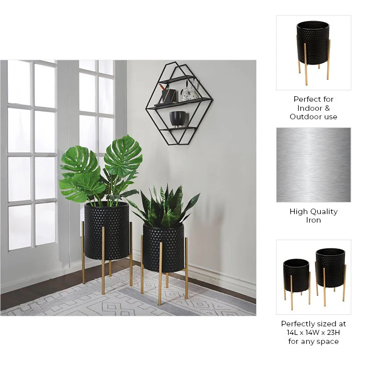 S/2 Honeycomb Planter On Metalstand, Black/gld - Image 6