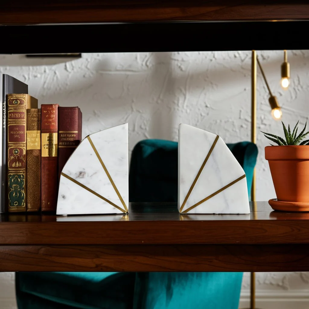 S/2 Marble 5"h Accent Bookends W/gold Inlays,wht - Image 9