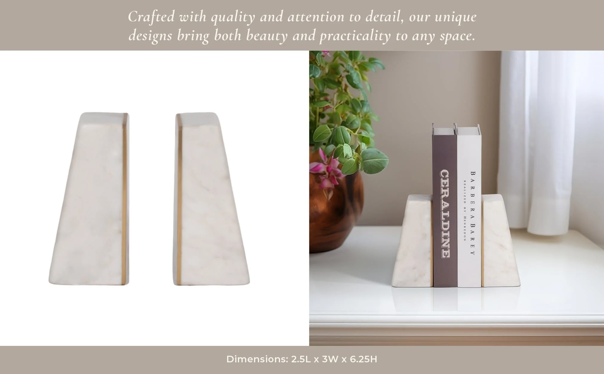 S/2 Marble 6"h Slanted Bookends W/gold Trim,white - Image 10