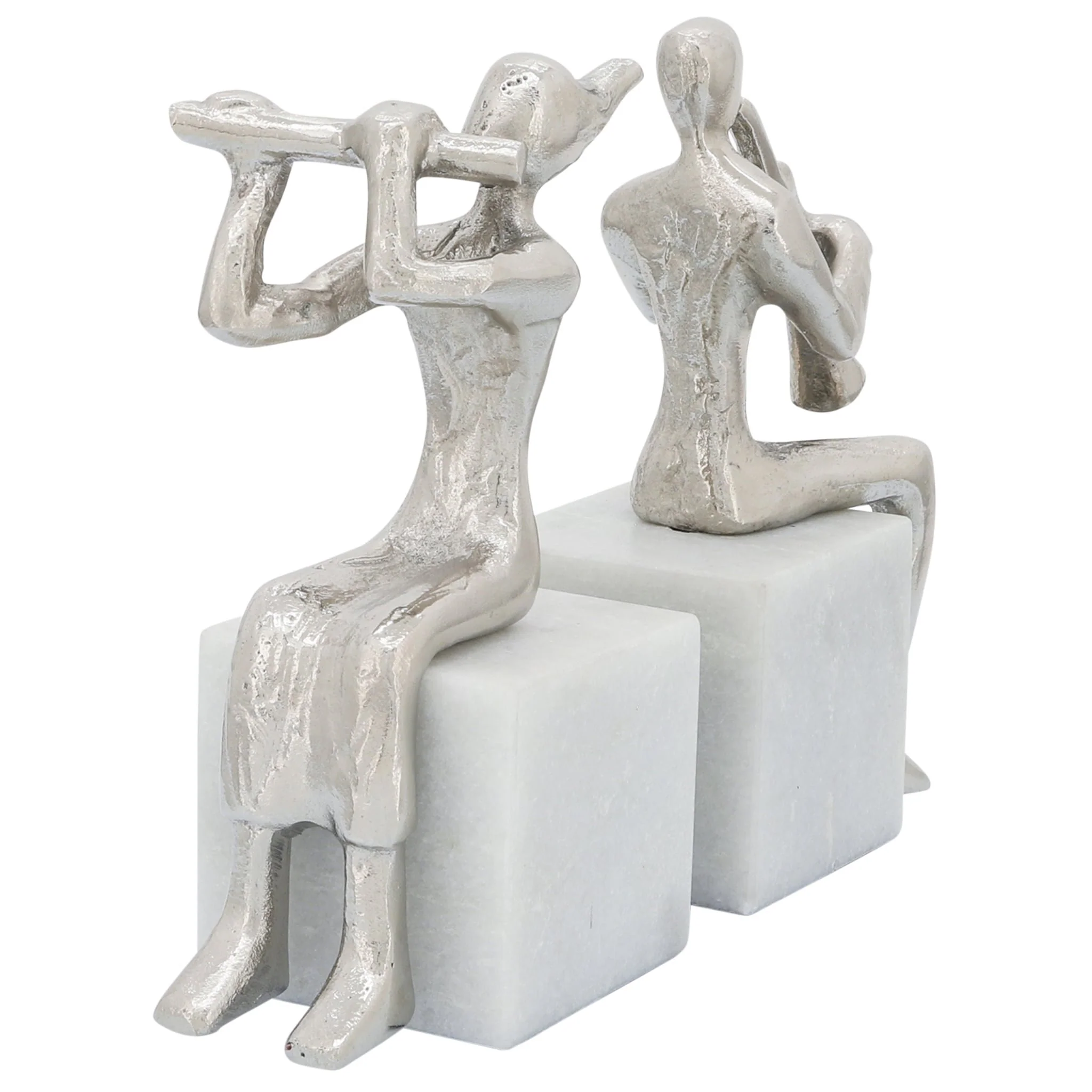 S/2 Metal Musicians On Marble Base, Silver - Image 2